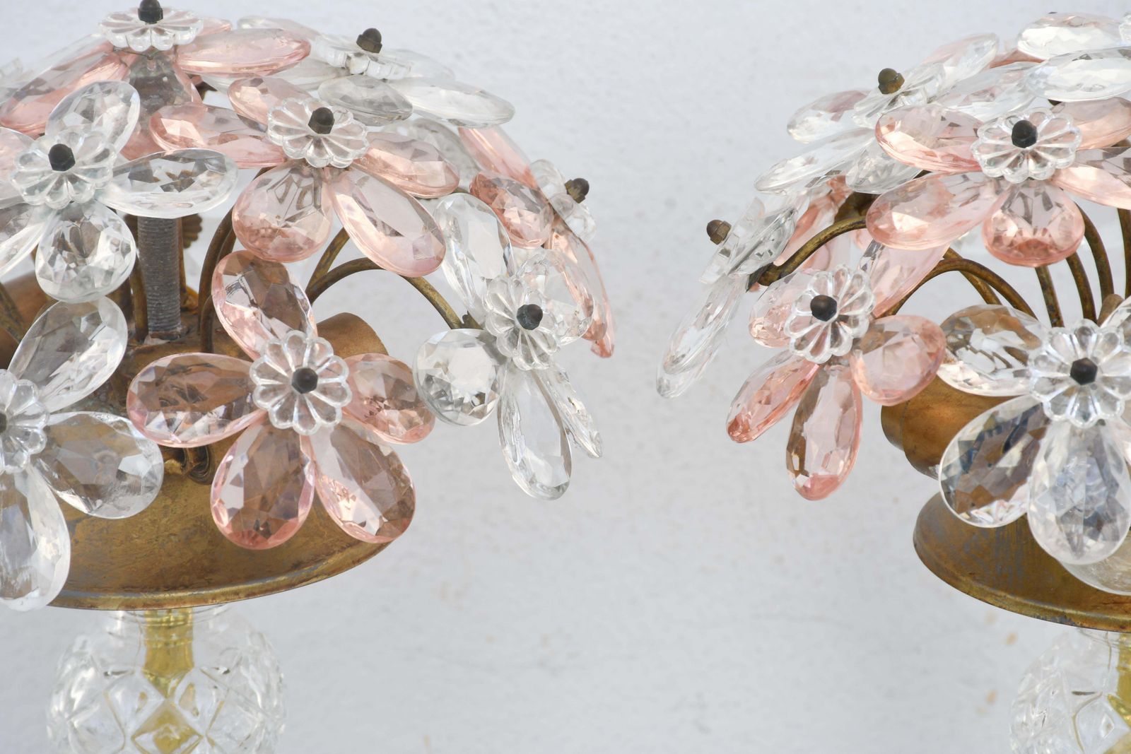 Set Of 2 Larg Table Lamp Crystal Glass Flower Pink And Crystal, Brass Base, 1960 photo buy