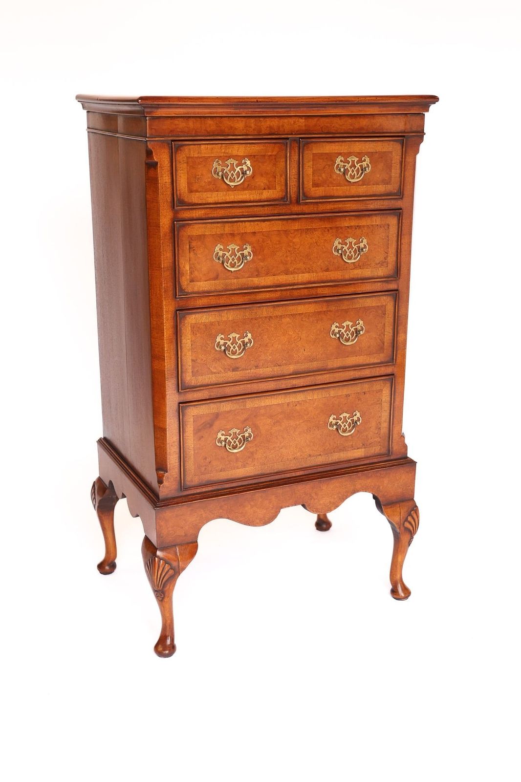 Queen Anne Style Burr Walnut 5 Drawer Chest Circa 1930s