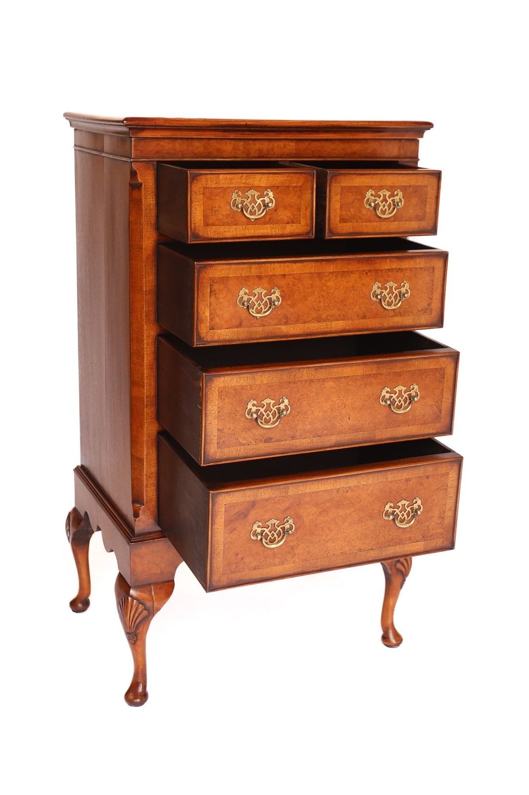 Queen Anne Style Burr Walnut 5 Drawer Chest Circa 1930s photo furniture