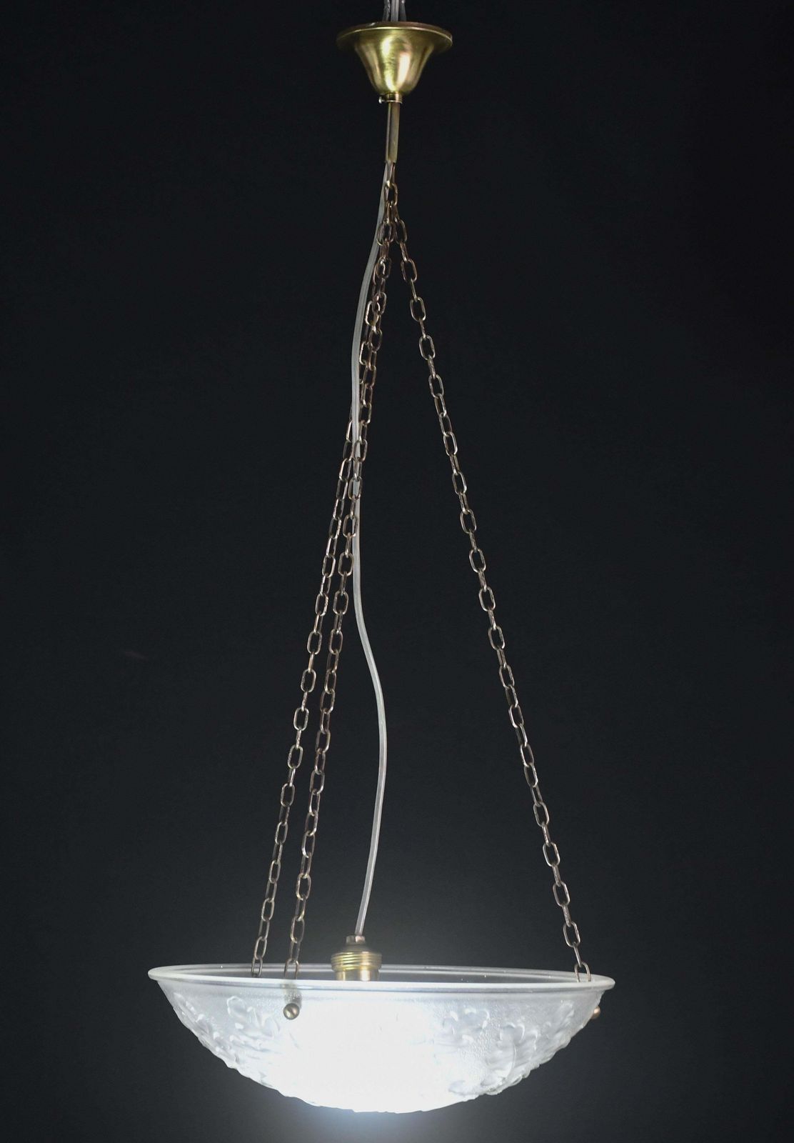 French Art Deco Glass Bowl Pendant Chandelier With Floral Pattern, 1950 photo vintage