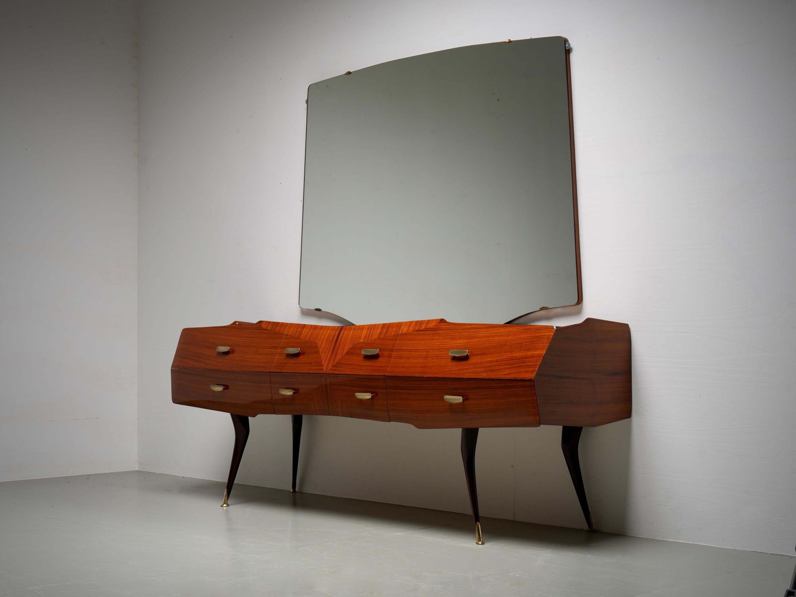 photo vinterior Italian Credenza With Mirror In Wood, Glass And Brass, Italy, 1960's
