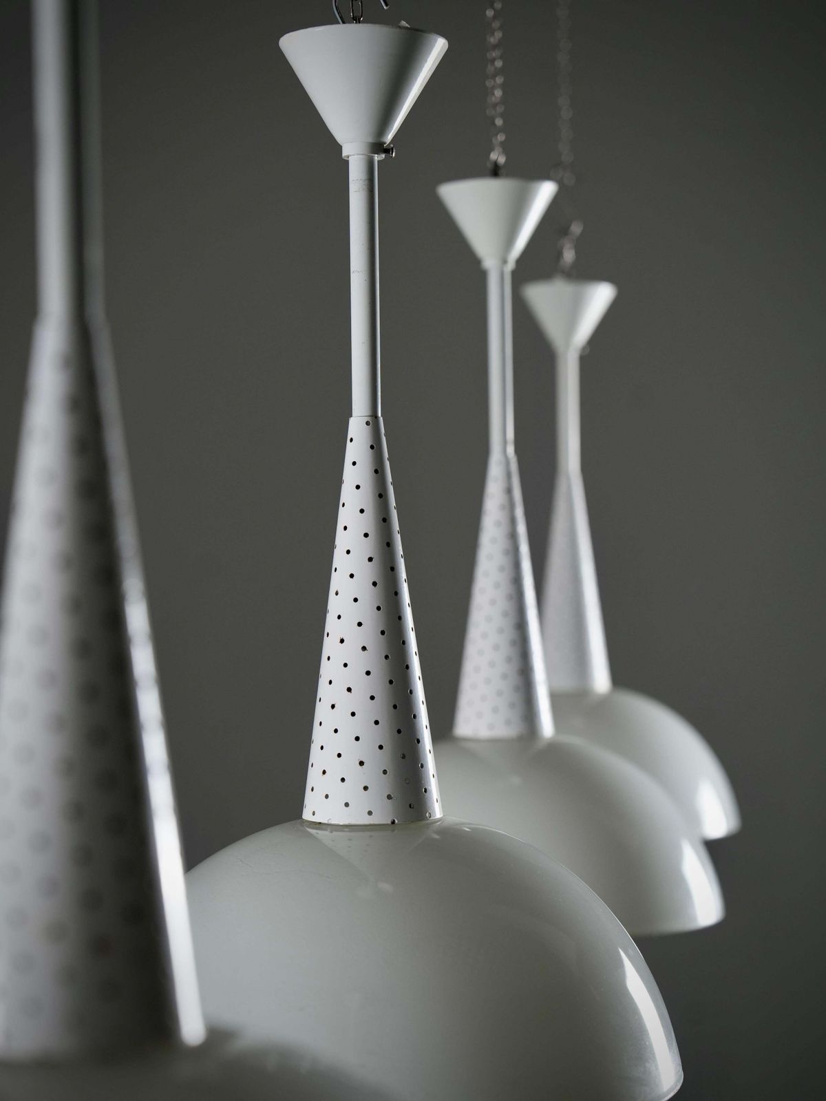 photo for sale Set Of 2 Mathieu Matégot For Holophane Ceiling Lamps In Metal And Glass, 1960's