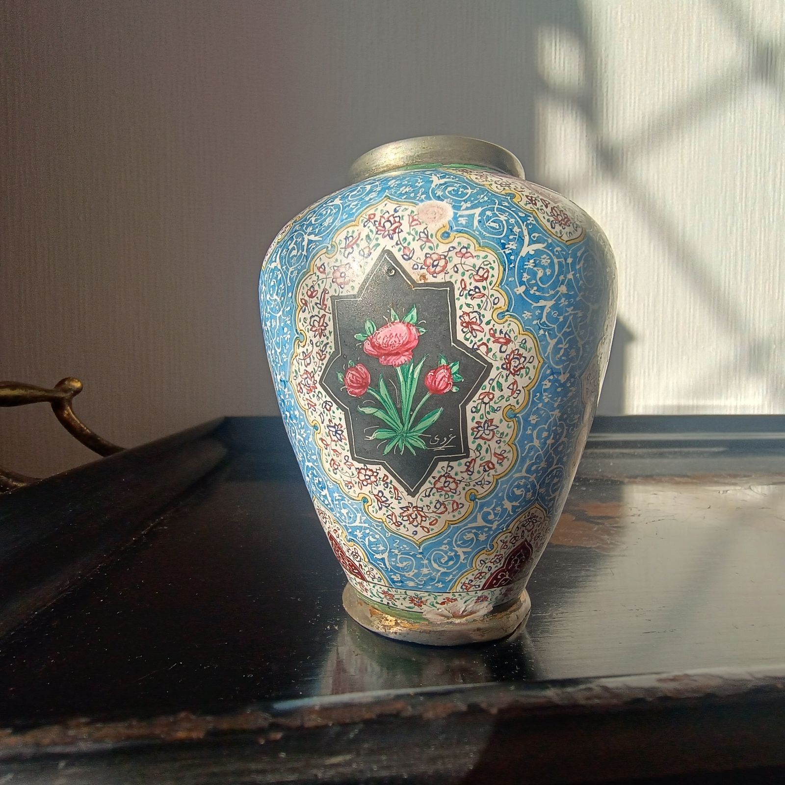 Antique Persian Enamelled Miniature Copper Vase: Isfahan  Hand Painted Birds And Flowers, Qajar Era C. 1900 photo buy