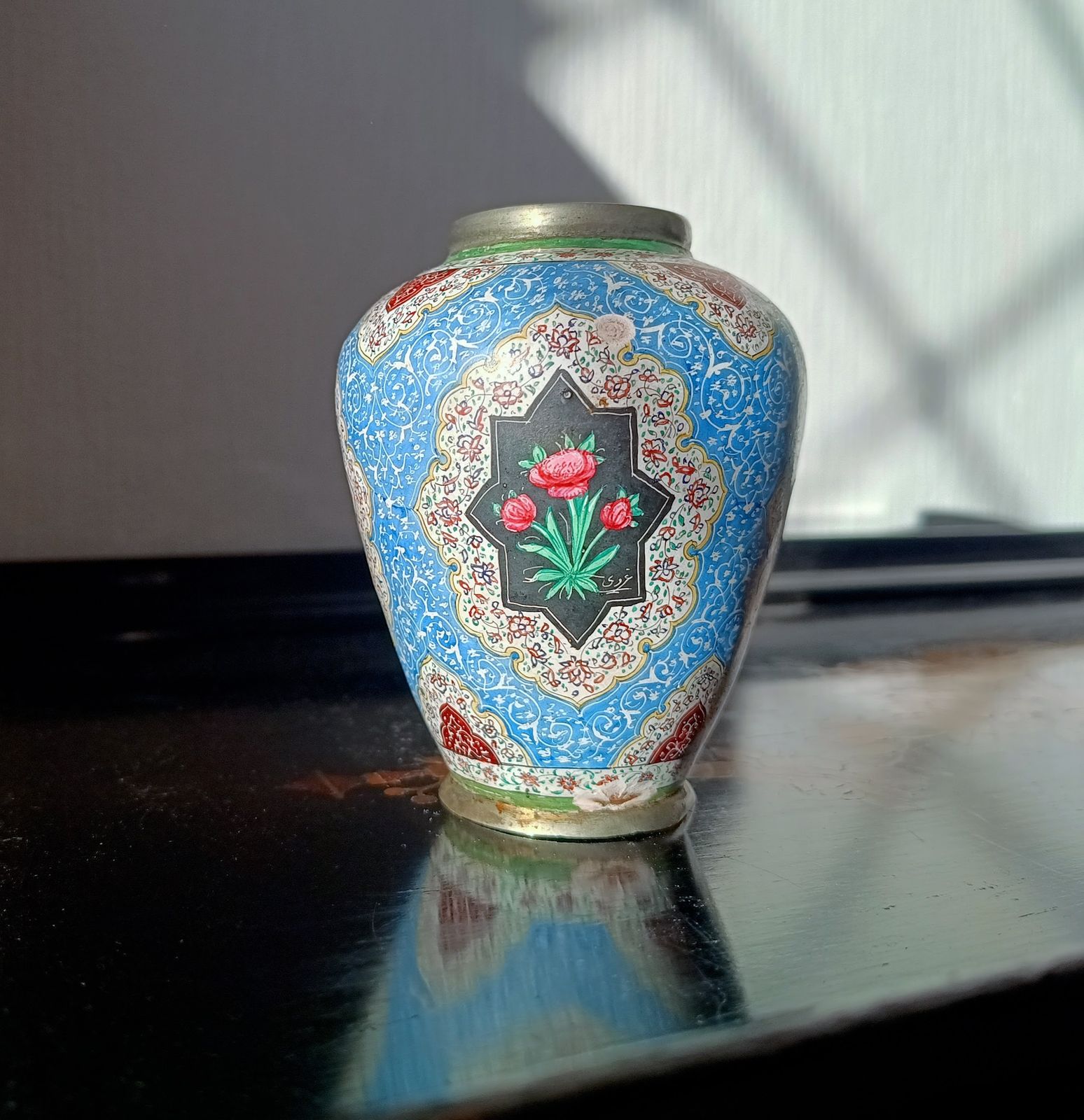 Antique Persian Enamelled Miniature Copper Vase: Isfahan  Hand Painted Birds And Flowers, Qajar Era C. 1900 photo for sale