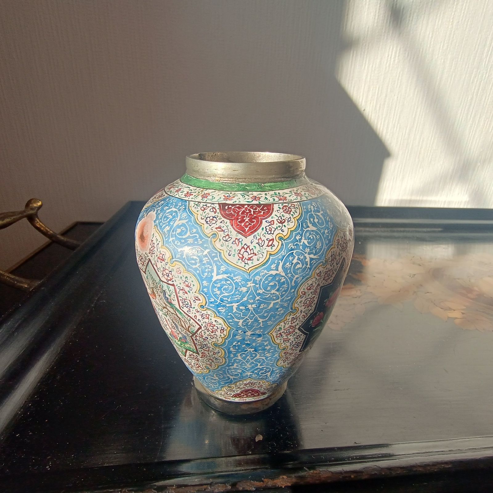 Antique Persian Enamelled Miniature Copper Vase: Isfahan  Hand Painted Birds And Flowers, Qajar Era C. 1900 photo vintage