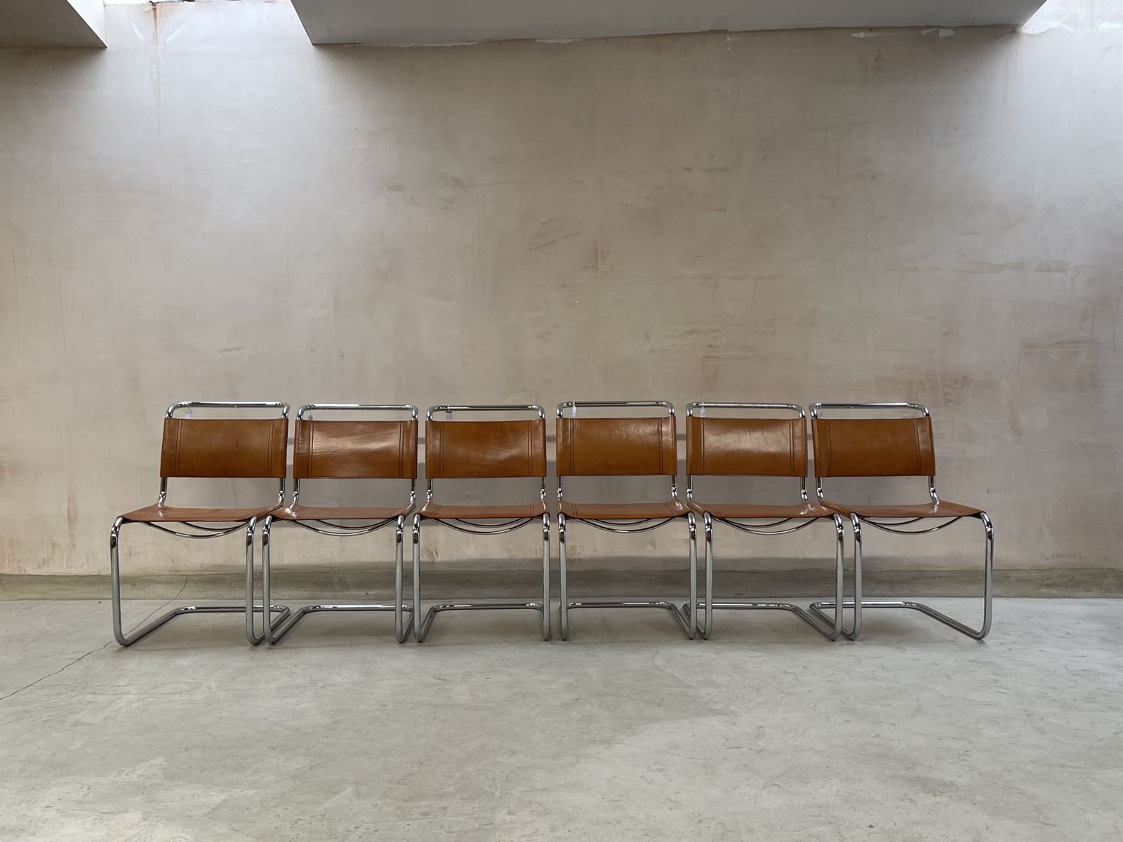 6 Dining Chairs Mart Stam Marcel Breuer S33 Set Of Six Fasem Chrome Tan Brown Cognac Leather Cantilever Bauhaus 6 Mid Century Dining Chairs photo vinterior