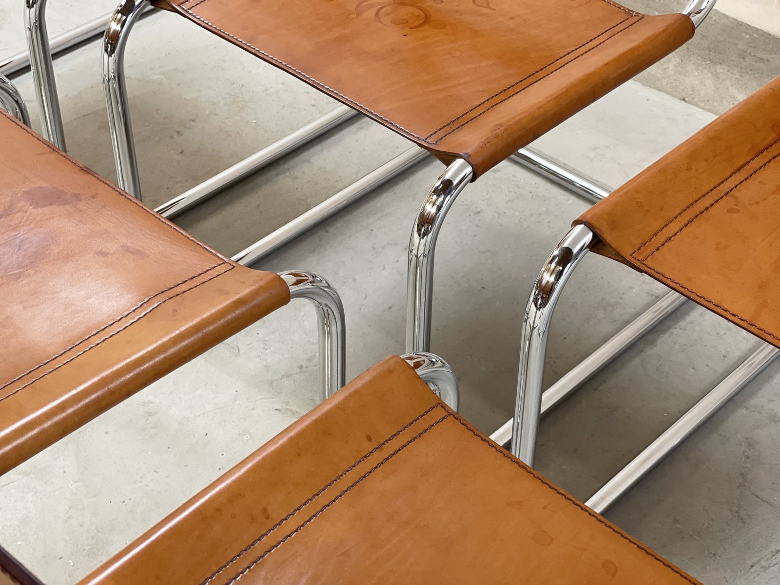 6 Dining Chairs Mart Stam Marcel Breuer S33 Set Of Six Fasem Chrome Tan Brown Cognac Leather Cantilever Bauhaus 6 Mid Century Dining Chairs photo vintage