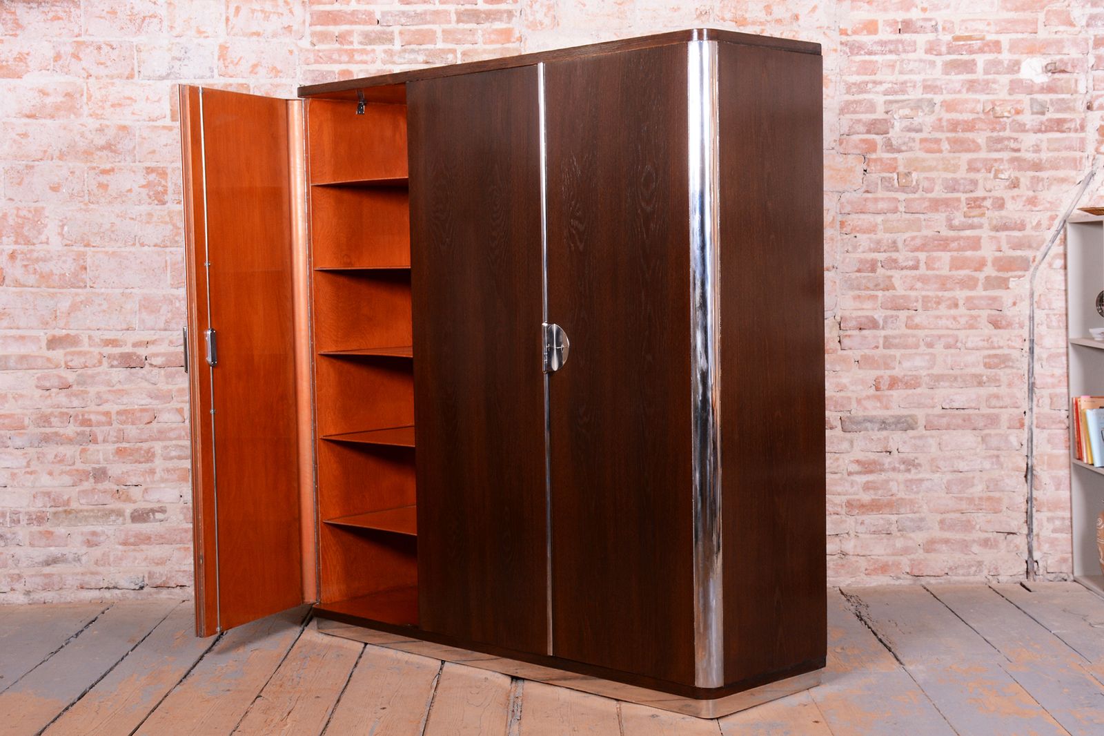 photo vintage Restored Bauhaus Wardrobe, By Vichr A Spol., Chrome, Steel, Oak, Czech, 1930s