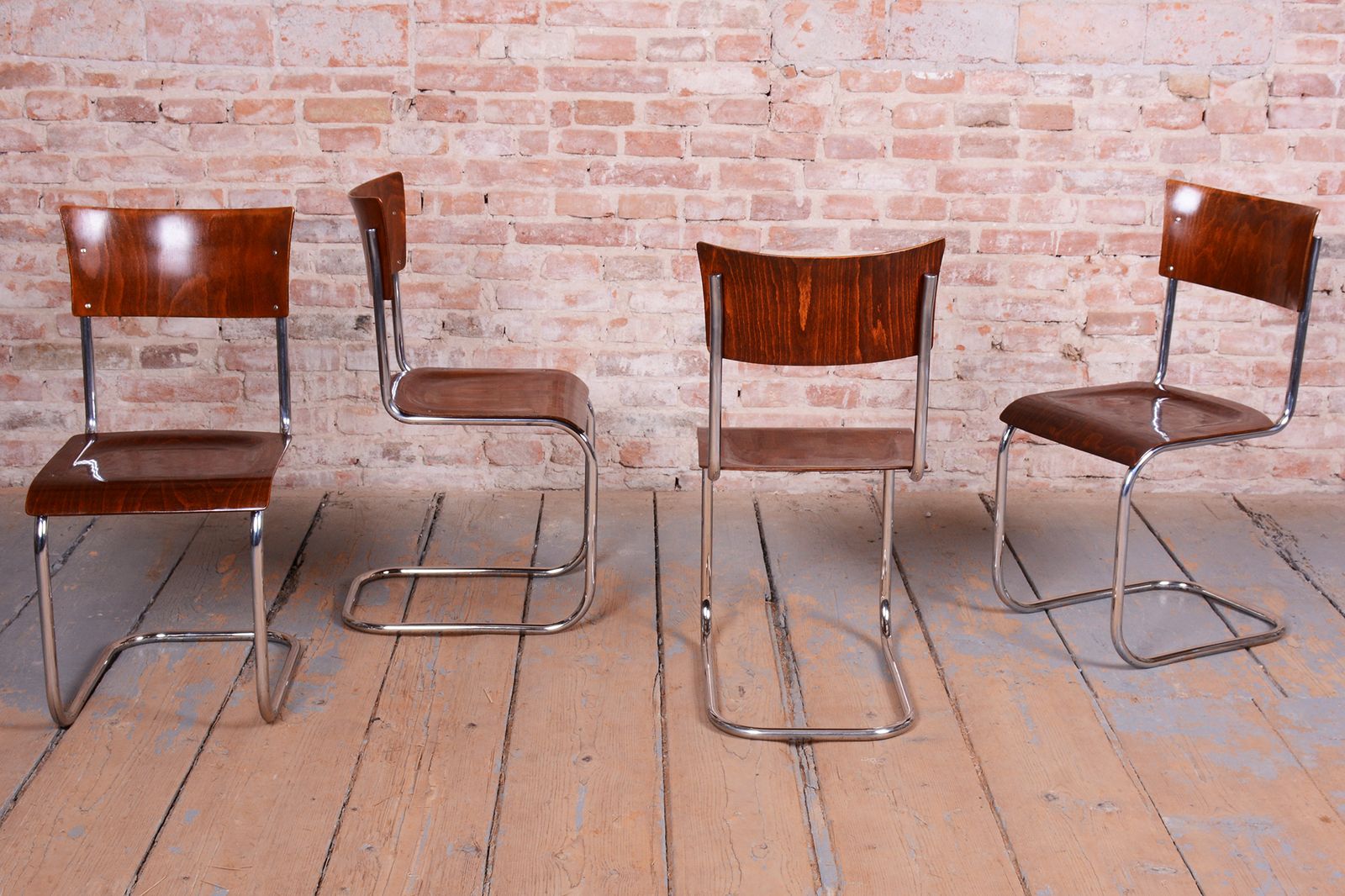Set Of Four Restored Bauhaus Chairs, Beech, Chrome Plated Steel, Czech, 1930s photo for sale