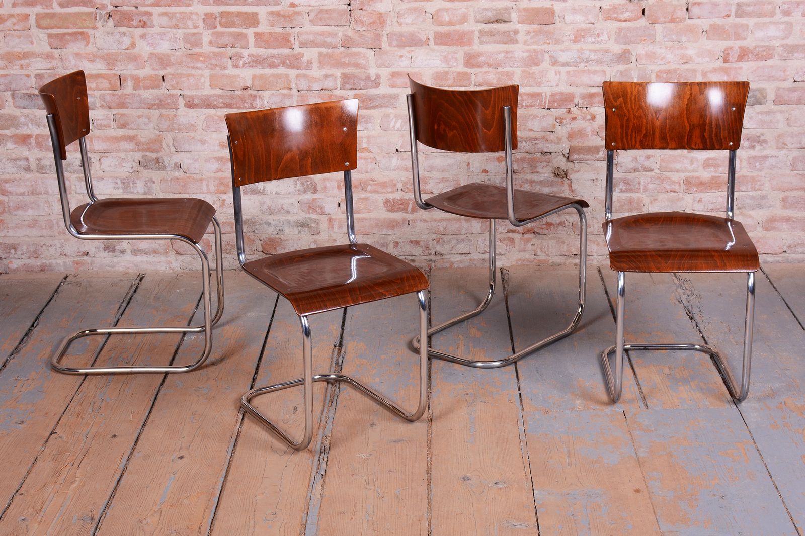 Set Of Four Restored Bauhaus Chairs, Beech, Chrome Plated Steel, Czech, 1930s photo Furniture