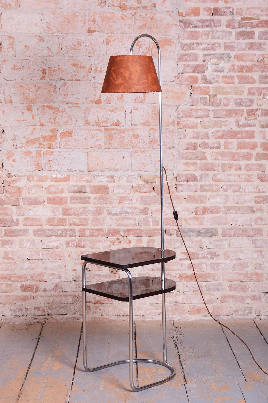 Restored Bauhaus Floor Lamp, By Thonet, Chrome, Oak, Chrome, Czech, 1930s photo for sale