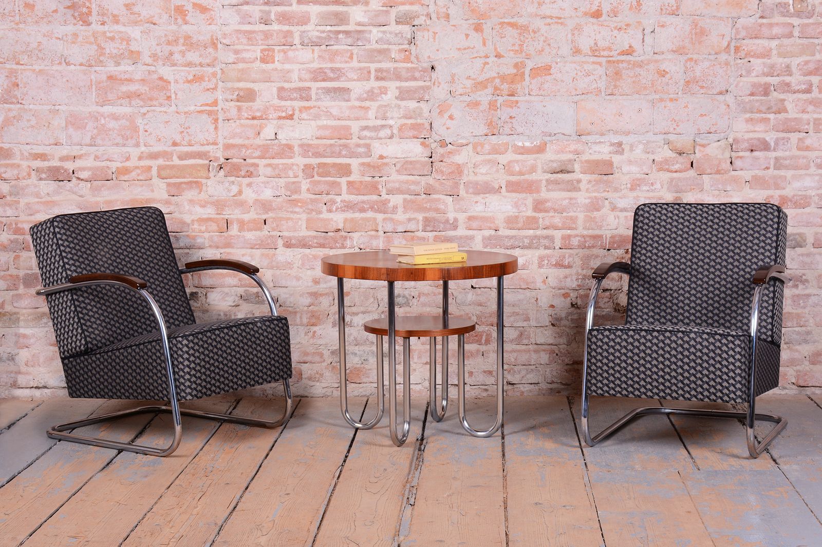 photo vintage Pair Of Restored Bauhaus Armchairs, By Mücke Melder, Beech, Chrome, Czech, 1930s