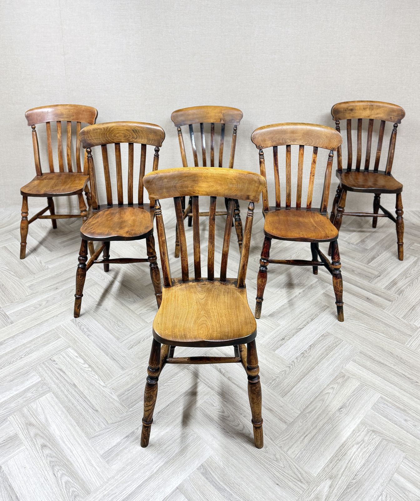Harlequin Set Of 6 Antique Windsor Farmhouse Kitchen Dining Chairs photo for sale
