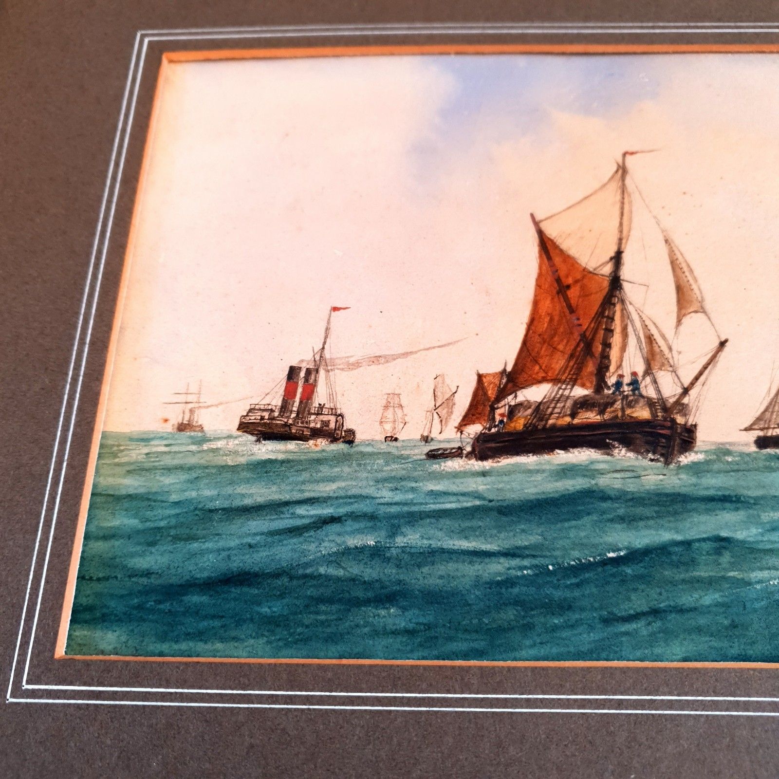 Antique Maritime Watercolour Signed J.W 1878 Fishing Fleet Scene L38x32cm Framed photo vinterior