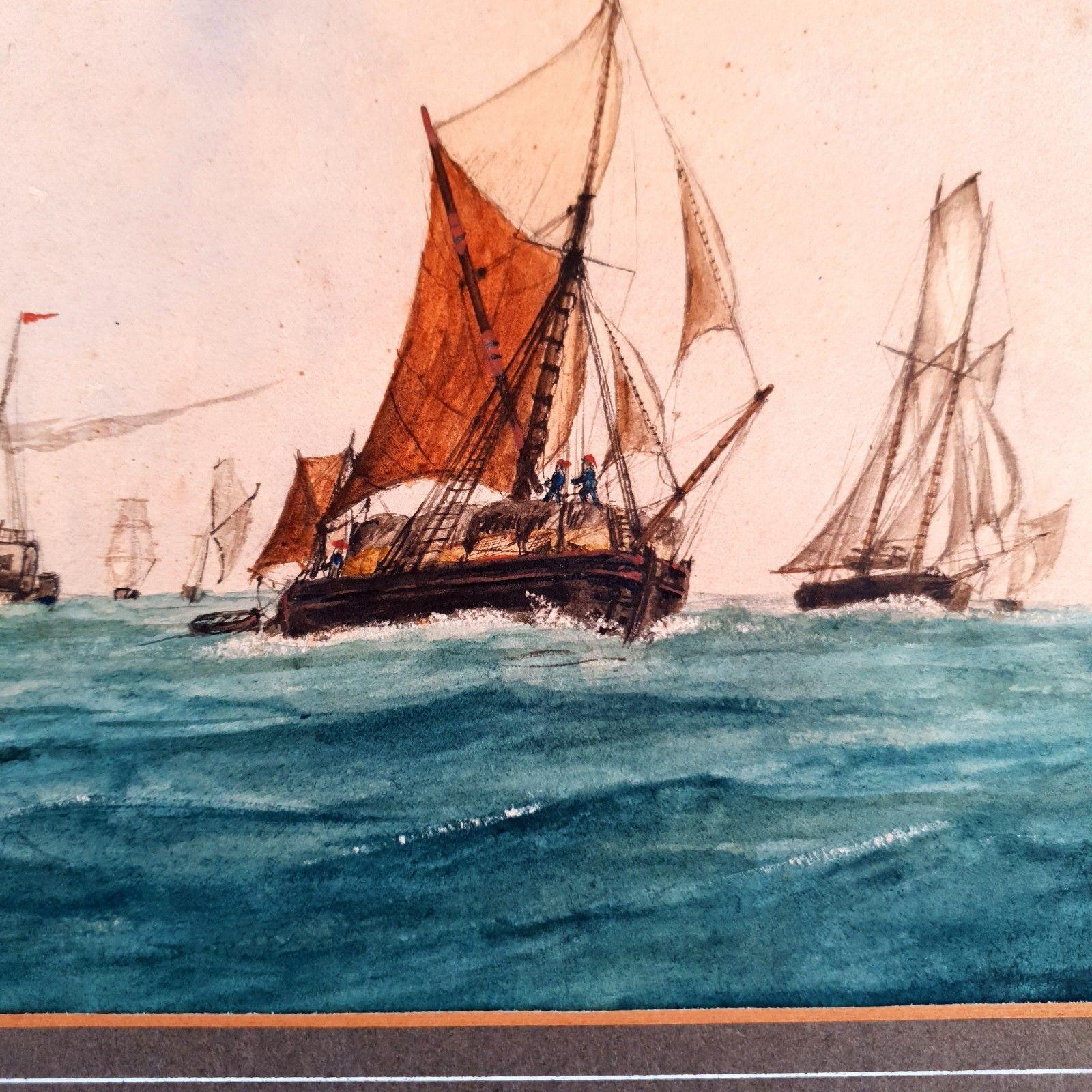 photo vinterior Antique Maritime Watercolour Signed J.W 1878 Fishing Fleet Scene L38x32cm Framed