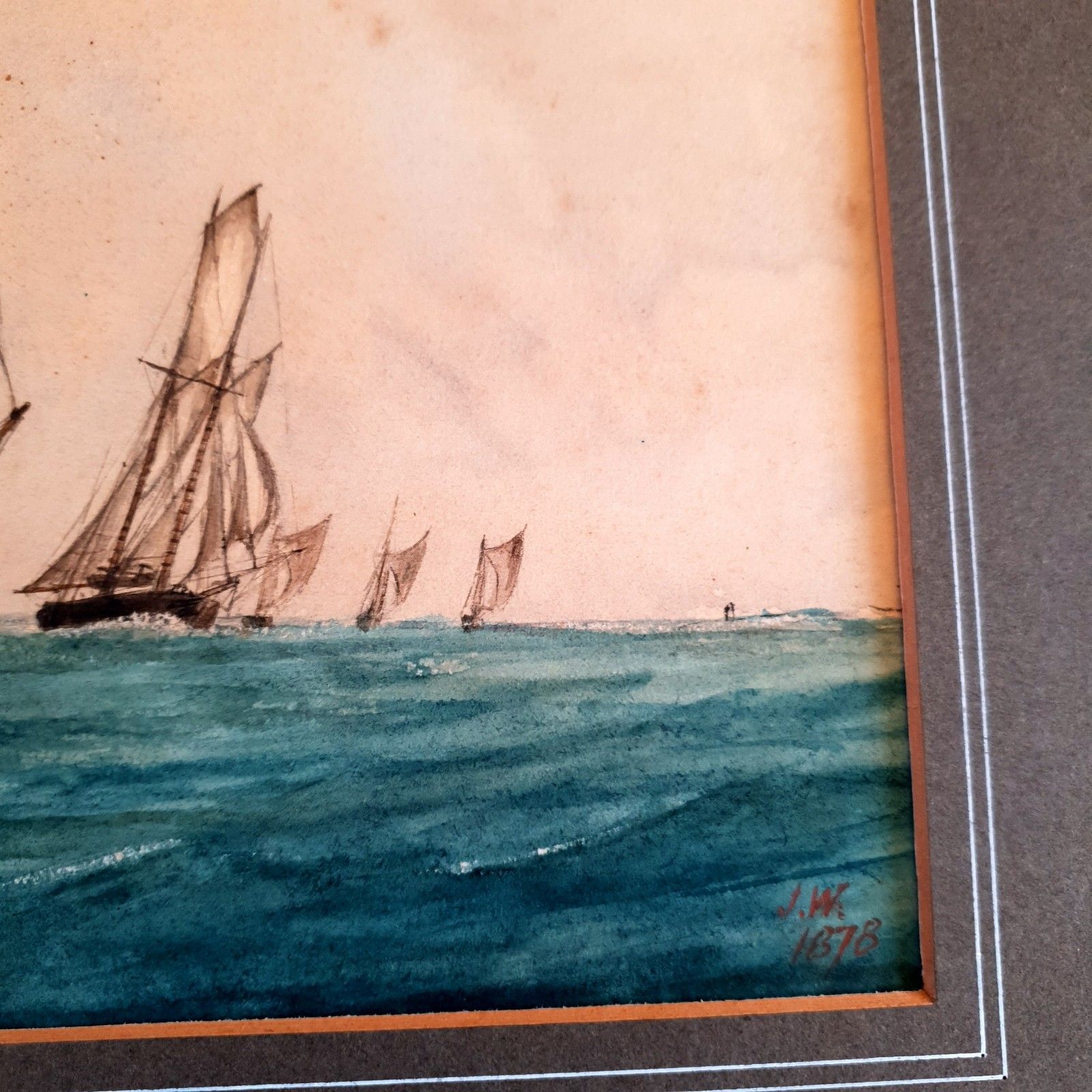 photo buy Antique Maritime Watercolour Signed J.W 1878 Fishing Fleet Scene L38x32cm Framed