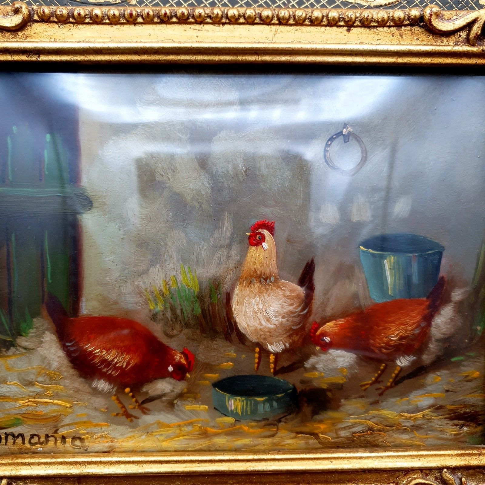 Italian Gaetano Romania Oil Painting Chickens Rococo Style Frame L33.5x28.5cm photo Art