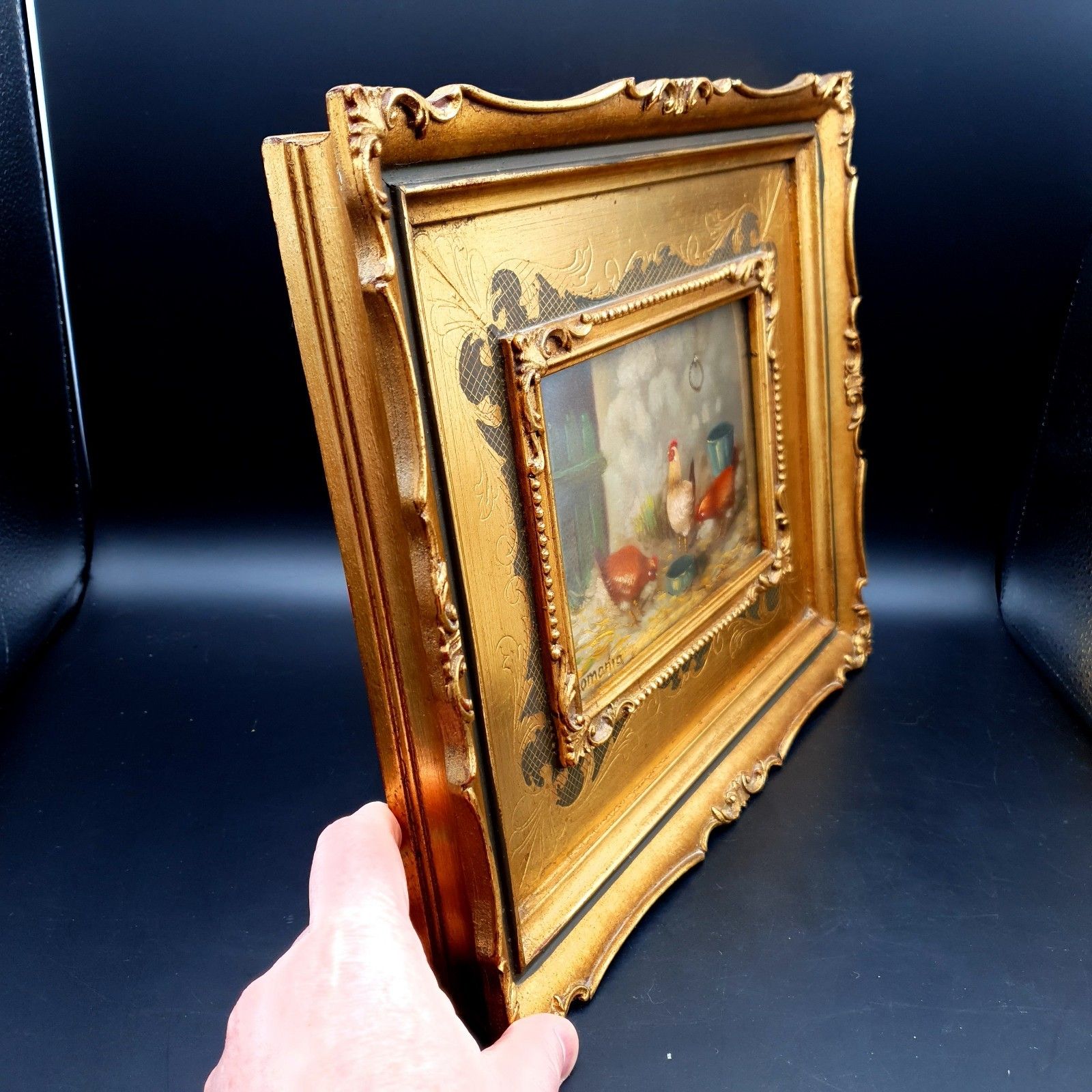 Italian Gaetano Romania Oil Painting Chickens Rococo Style Frame L33.5x28.5cm photo vinterior