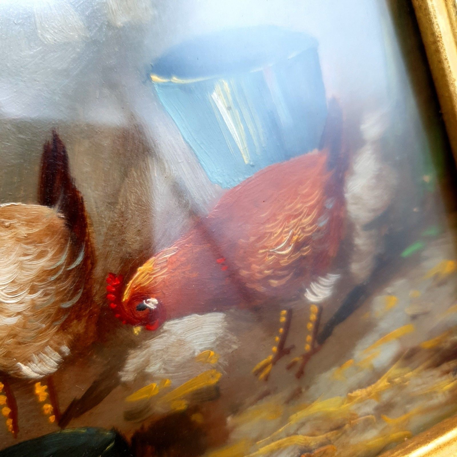photo vinterior Italian Gaetano Romania Oil Painting Chickens Rococo Style Frame L33.5x28.5cm
