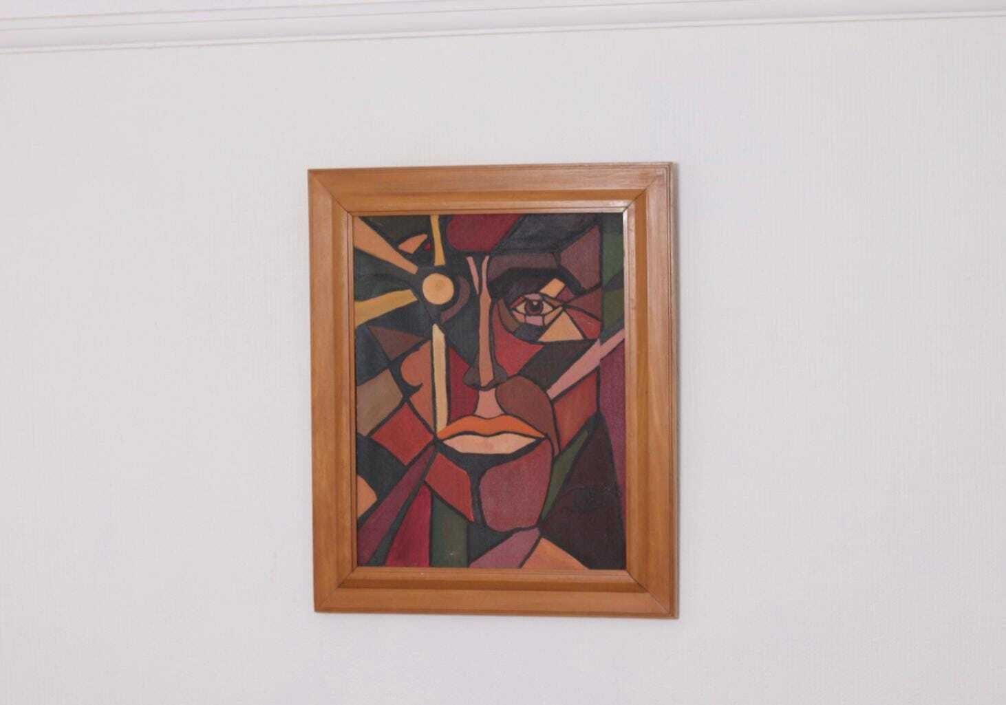 Original Scandinavian Oil On Canvas – “Face”  – Tnx 88 Vintage & Framed  56 × 46 Cm (22" × 18.1")