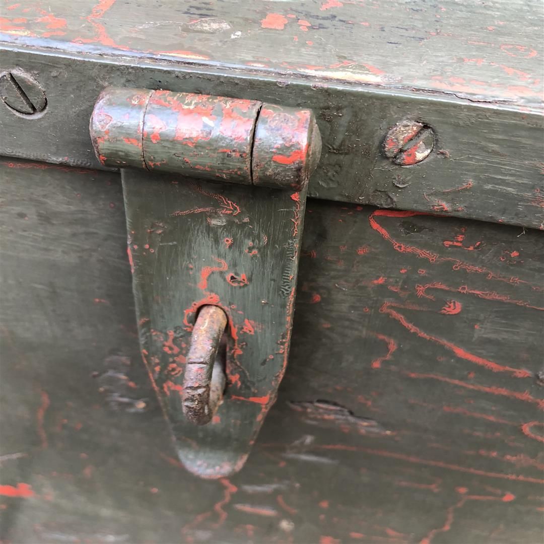 Vintage Wooden Lockable Carry Box With Steel Bindings, In Green Paint, Possibly Military photo buy