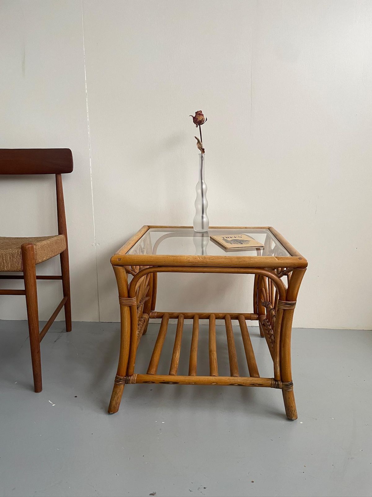 Vintage Square Bamboo Side Or Coffee Table With Glass Top And Cane Binding photo furniture