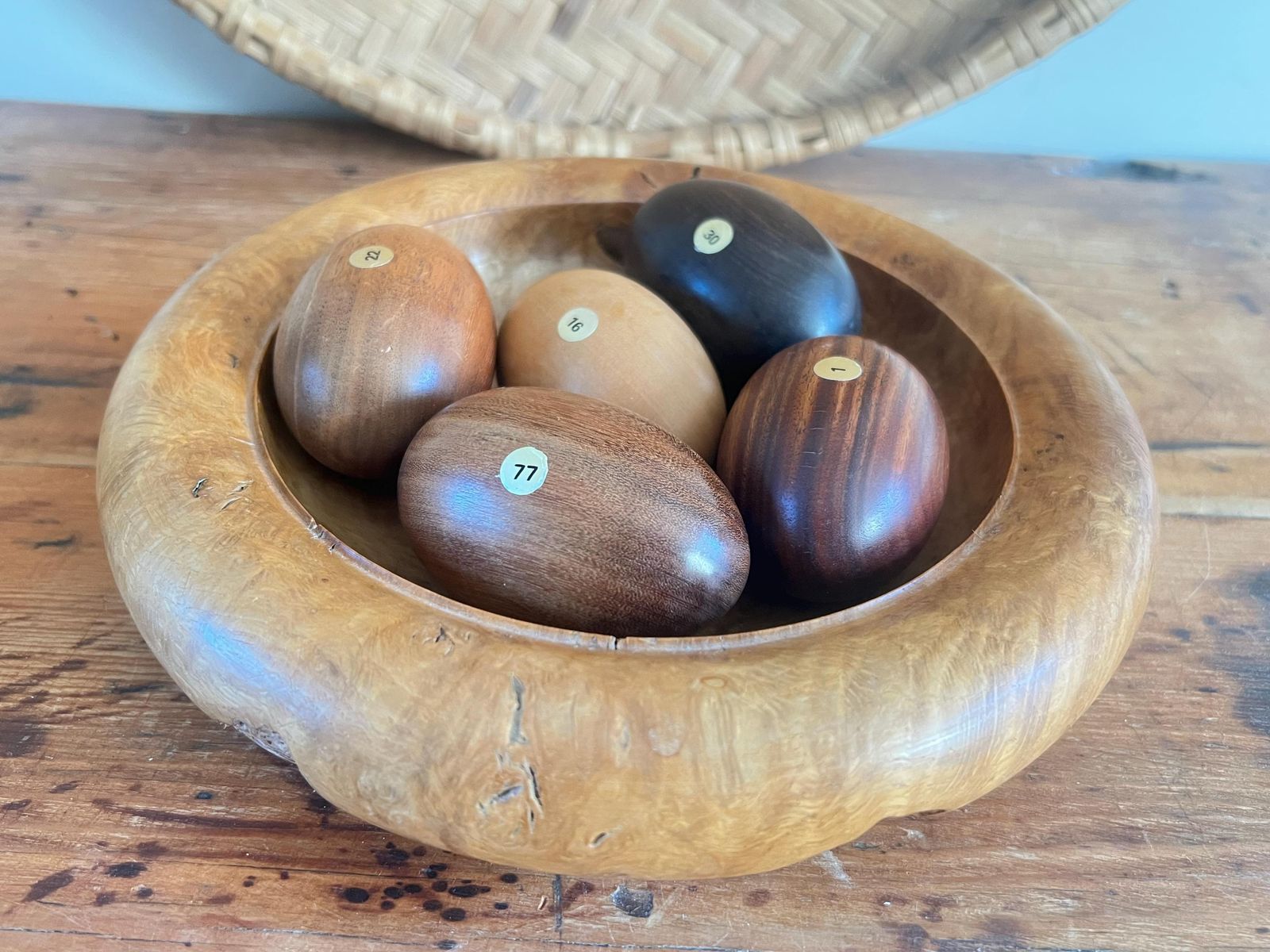 photo vintage Roger Marwood Signed Burr Oak Bowl & 5 Numbered Specimen Eggs   English Oak, Ebony, Boxwood, Mahogany, Walnut   British Studio Woodturning