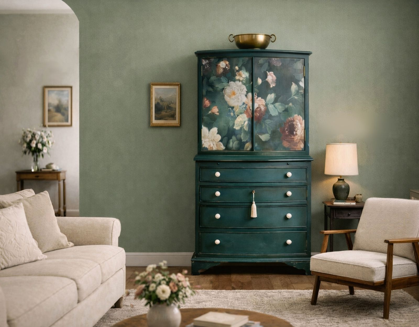 Green Floral Drinks Cabinet, Vintage 1960s photo Furniture