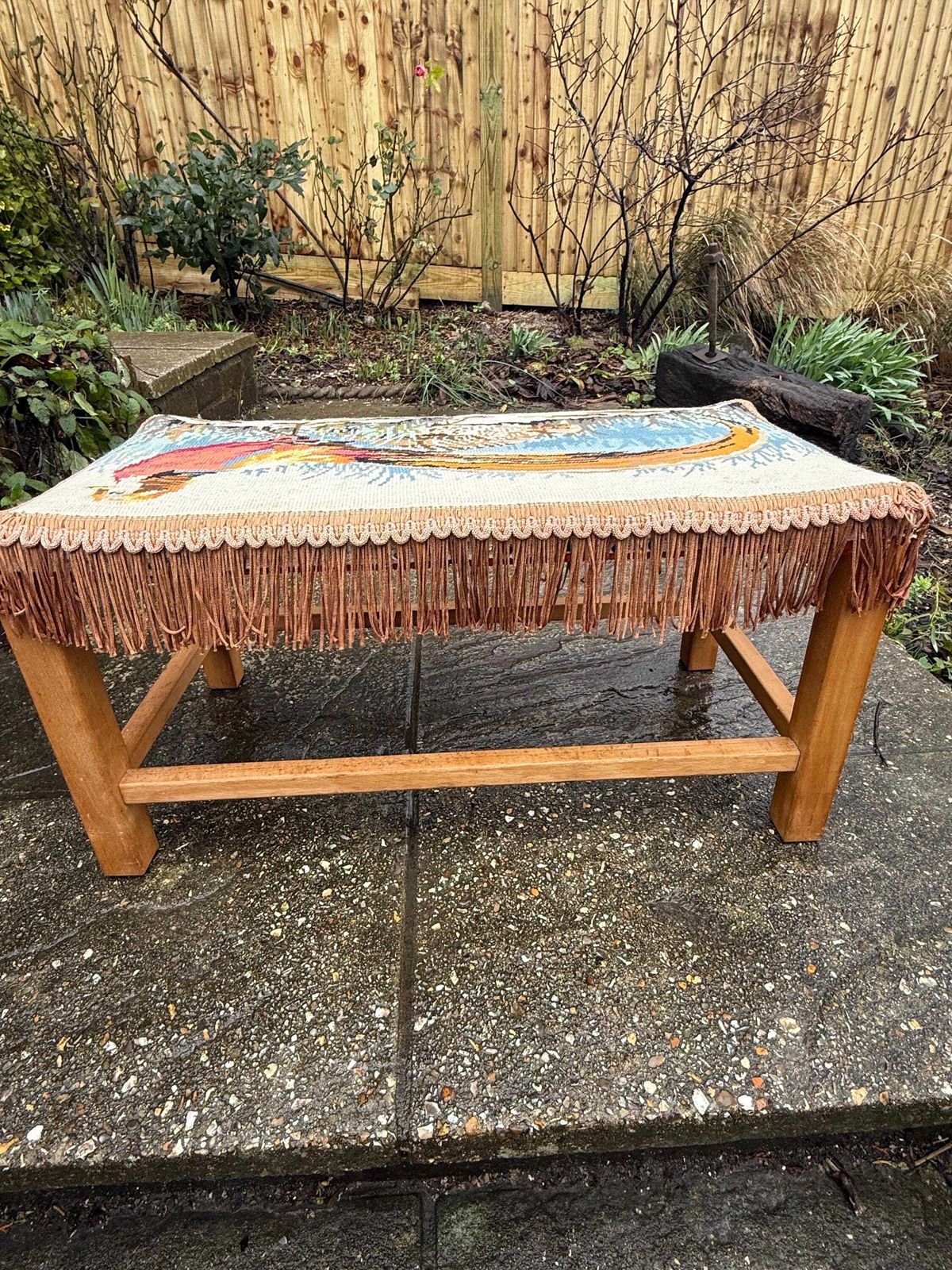 Retro Wooden Footstool With Woven String Seat Covered In A Handwoven Tapestry Top And Decorative Fringe   Pheasant Pattern (54cm W X 30cm H) photo for sale
