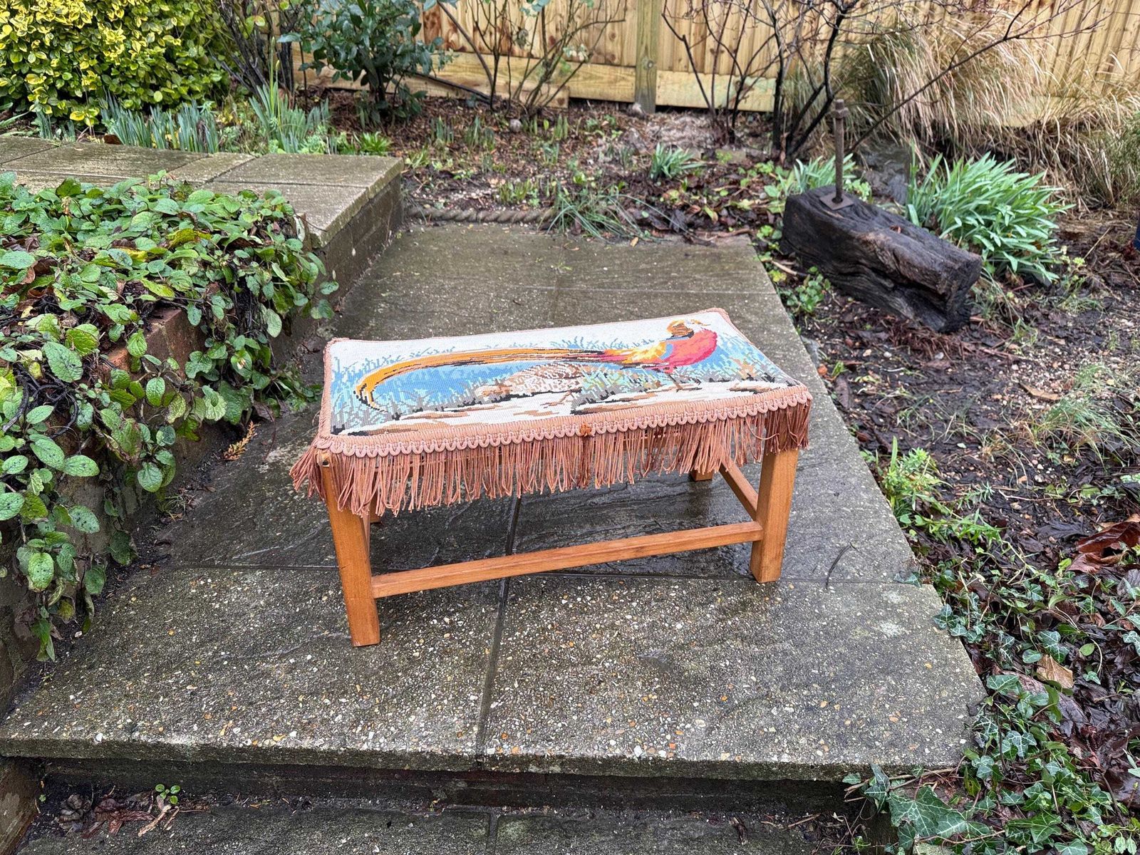 Furniture Retro Wooden Footstool With Woven String Seat Covered In A Handwoven Tapestry Top And Decorative Fringe   Pheasant Pattern (54cm W X 30cm H) photo