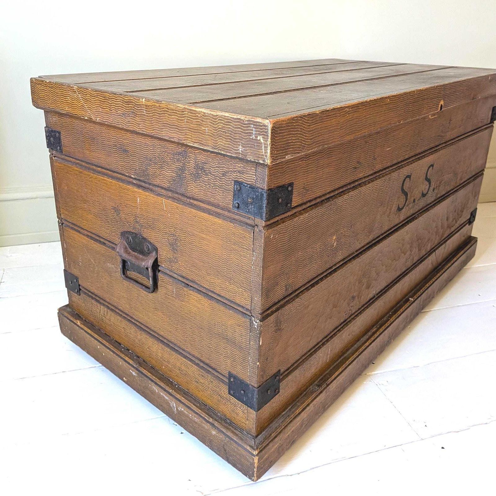 An Antique Painted Pine Chest Or Blanket Box In Original 'Faux Wood' Oak Paint Finish photo vintage