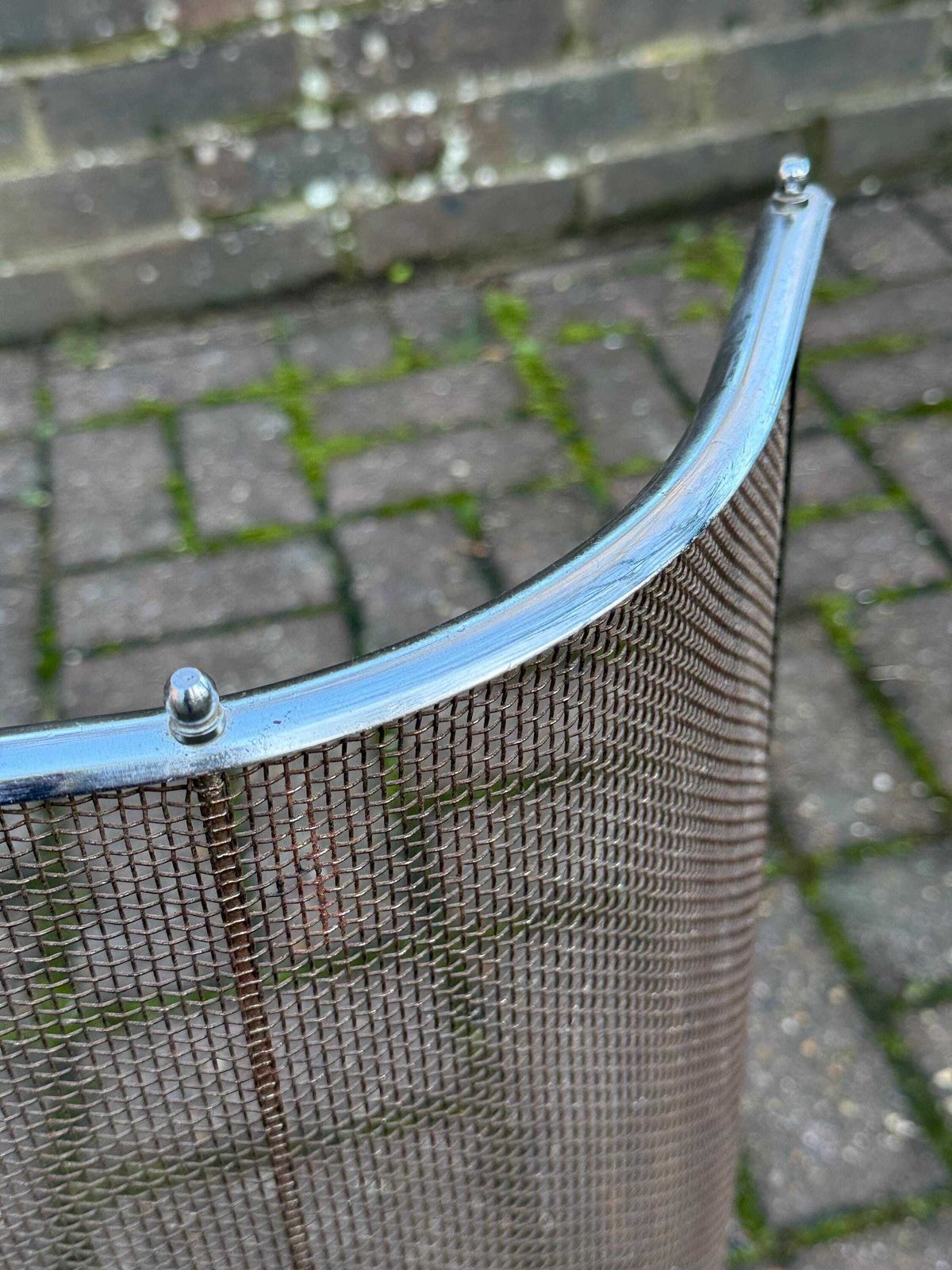 Art Deco Metal Fire Screen With Curved Chrome Frame And Mesh Spark Guard photo vinterior