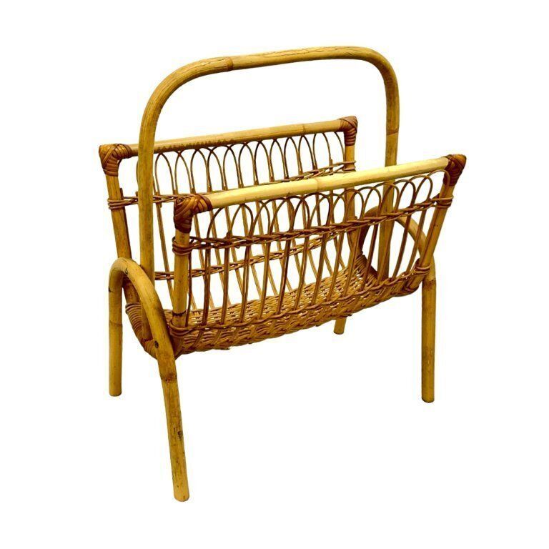 Vintage Wicker Newspaper Rack, Boho/Prl, Franco Albini Style, Italy 1970s photo vintage