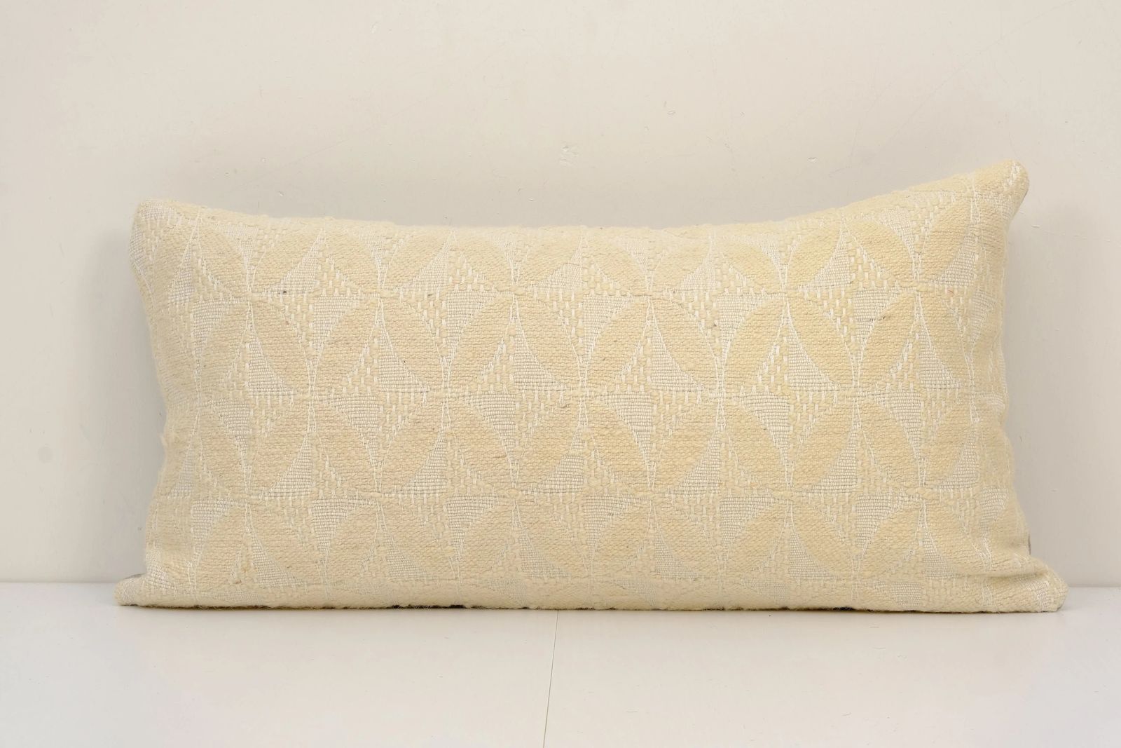 Vintage Turkish Kilim Pillow Cover, White Organic Striped Lumbar Cushion (