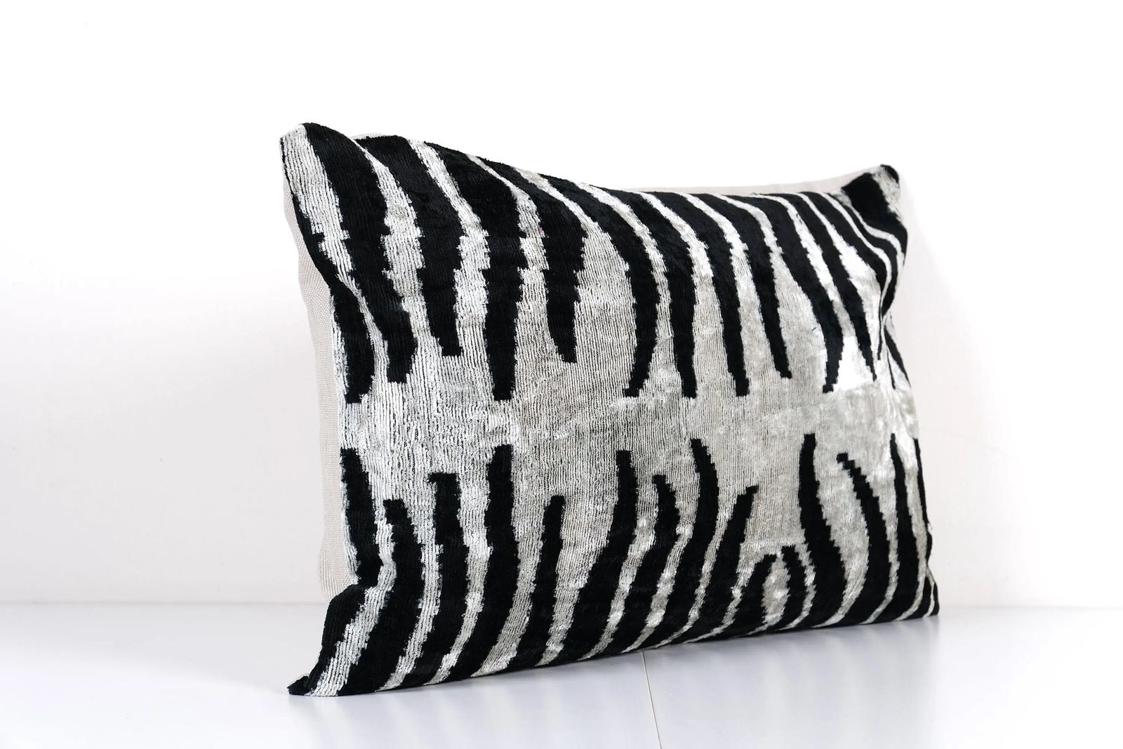 Silk Ikat Velvet Pillow Cover – Black And Beige Zebra, Turkish Cushion photo furniture