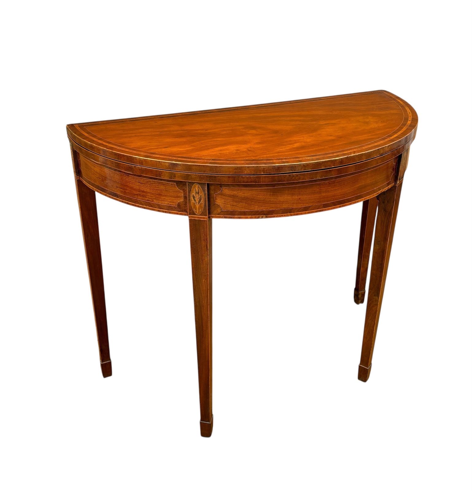 Neoclassical Demi Lune Table With Green Leather Top, 1940s