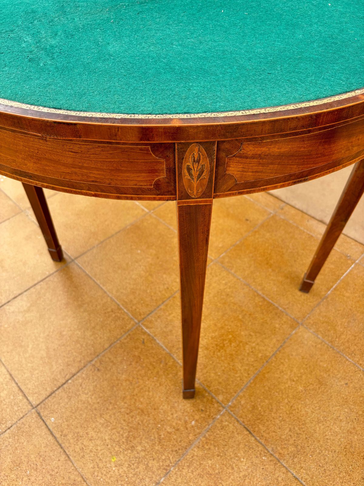Neoclassical Demi Lune Table With Green Leather Top, 1940s photo for sale
