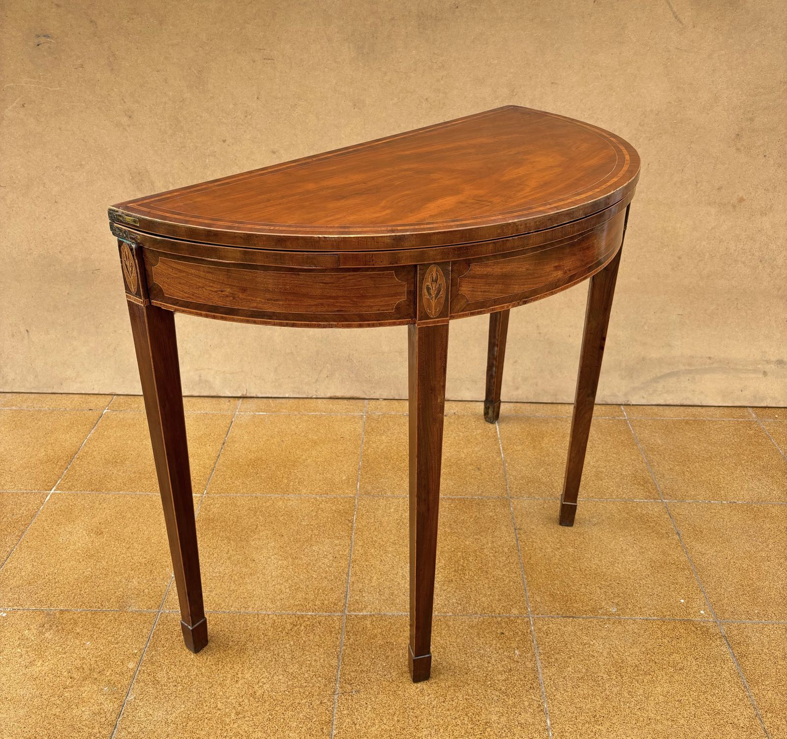 photo furniture Neoclassical Demi Lune Table With Green Leather Top, 1940s