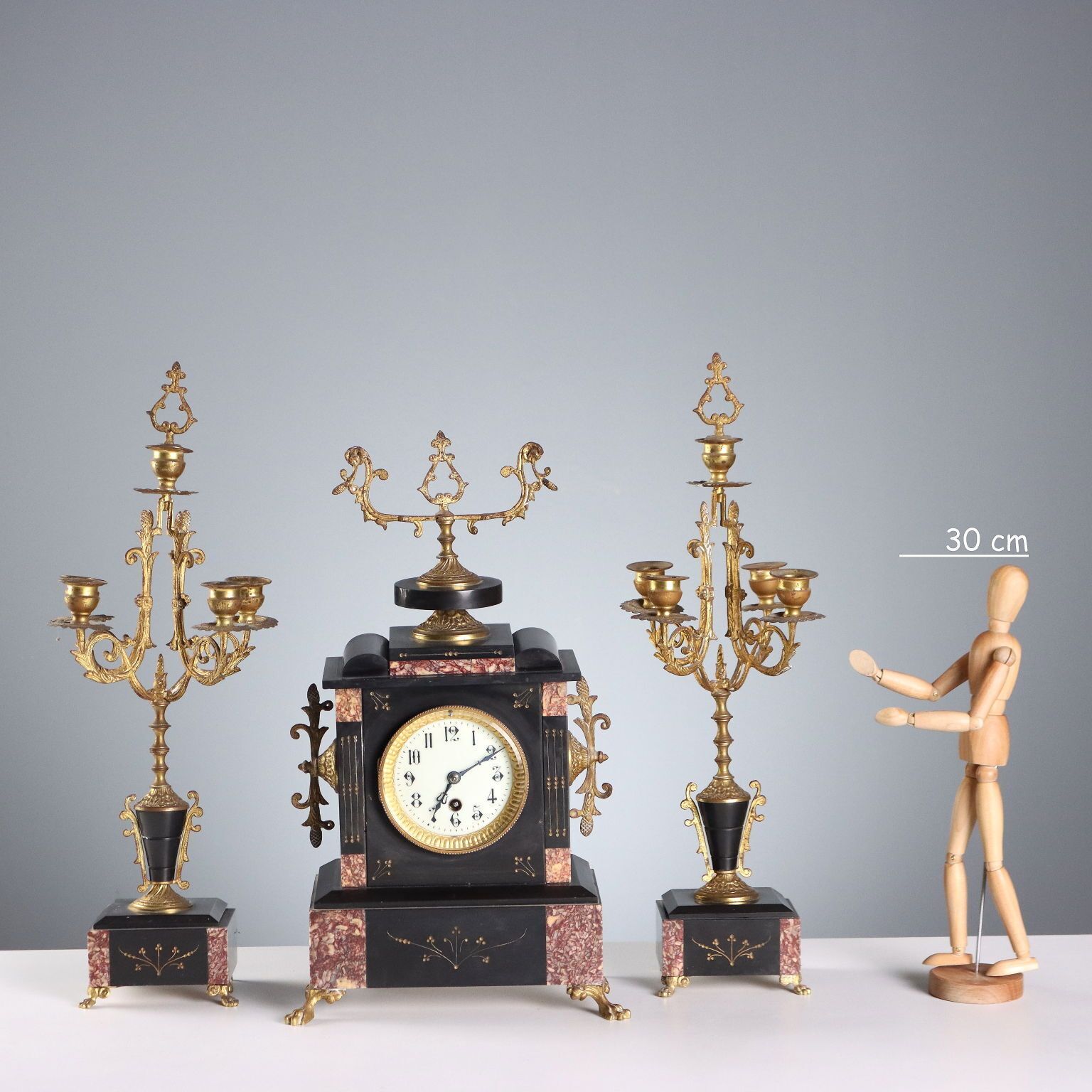 Antique Triptych Clock Bronze Marble Decorations France XIX XX Century photo furniture