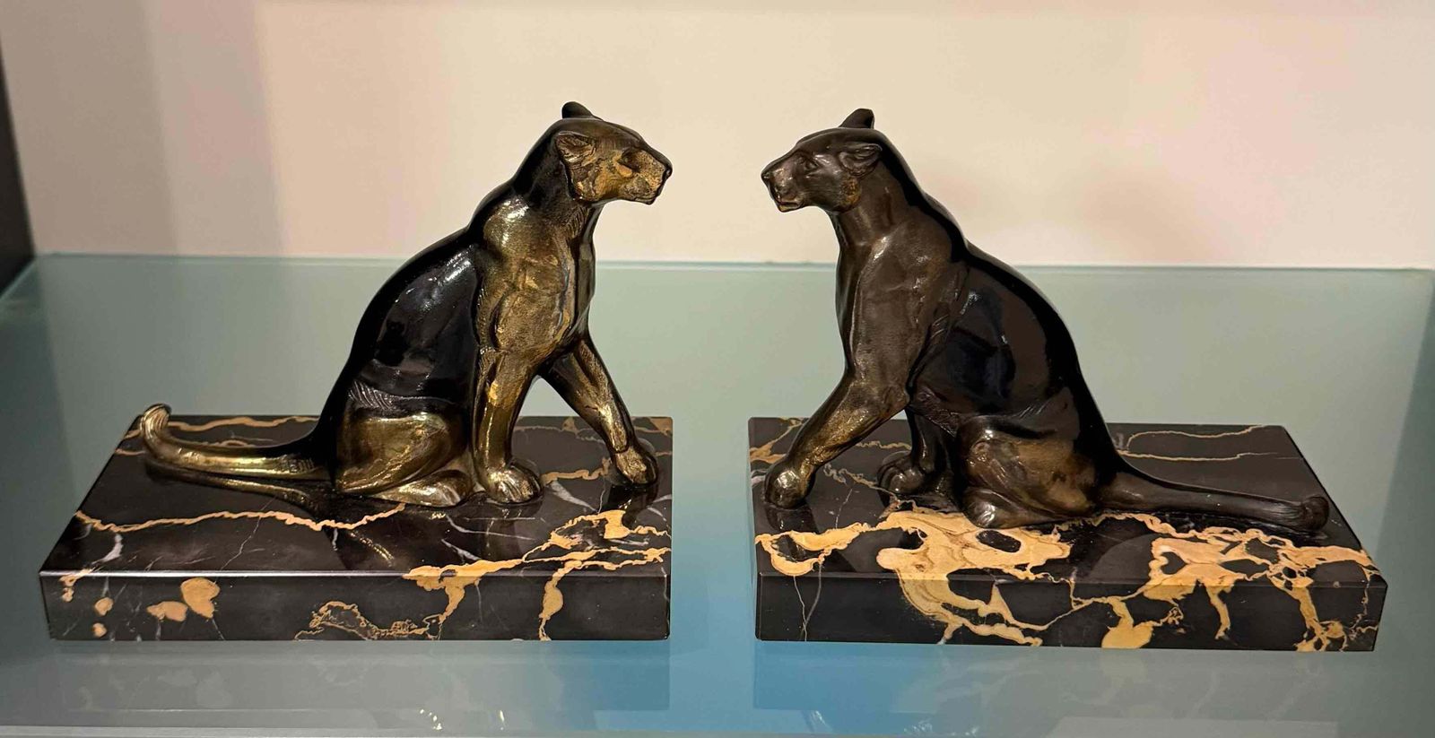 Pair Of French Art Deco Sculptural Bookends With Panthers , 1930s photo for sale