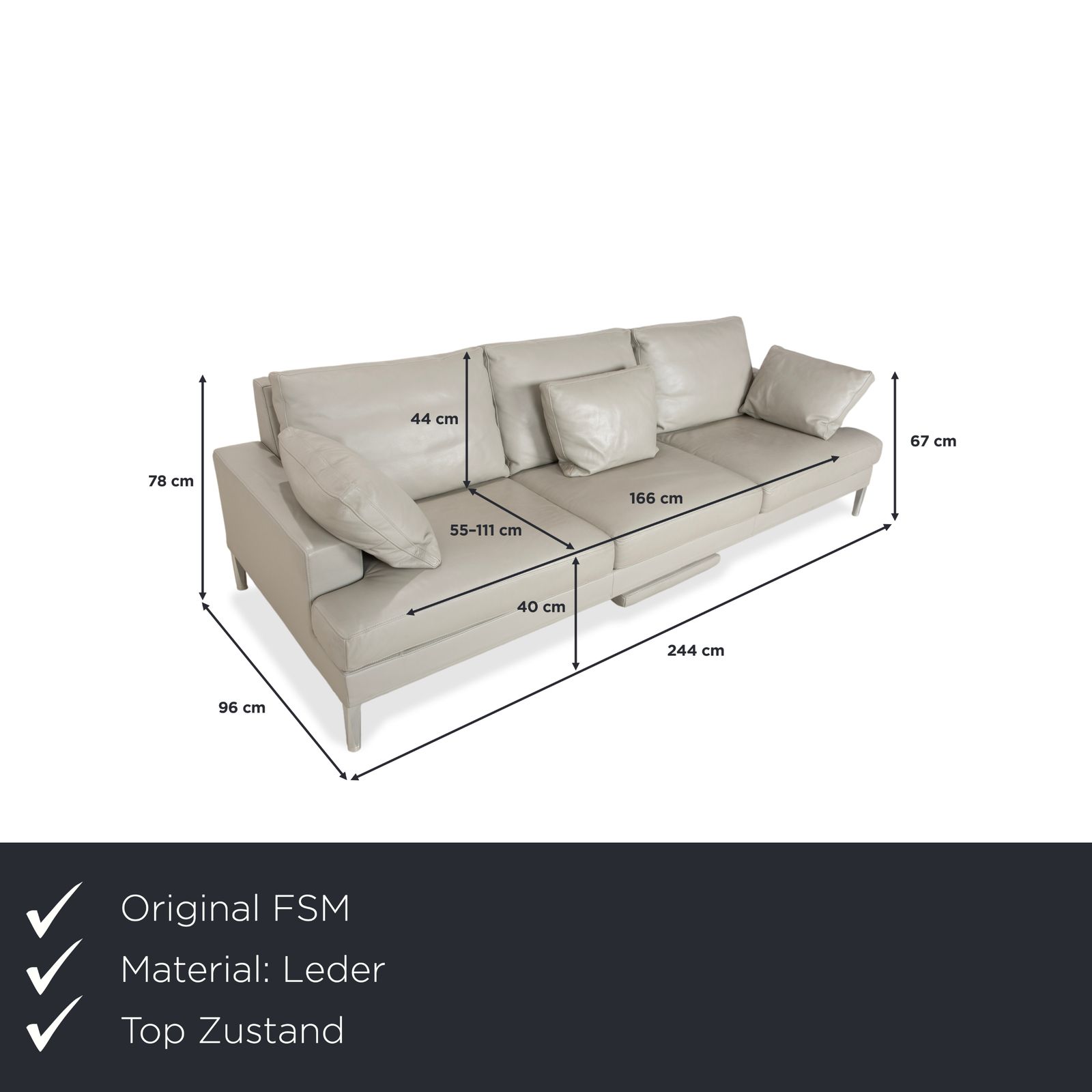 Canapé FSM Clarus 3 places en cuir gris pebble, fonction manuelle photo furniture