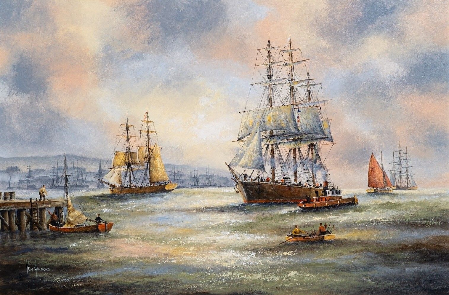Ken Hammond (British B.1948) Large Superb Maritime Ships Seascape Oil Painting photo furniture