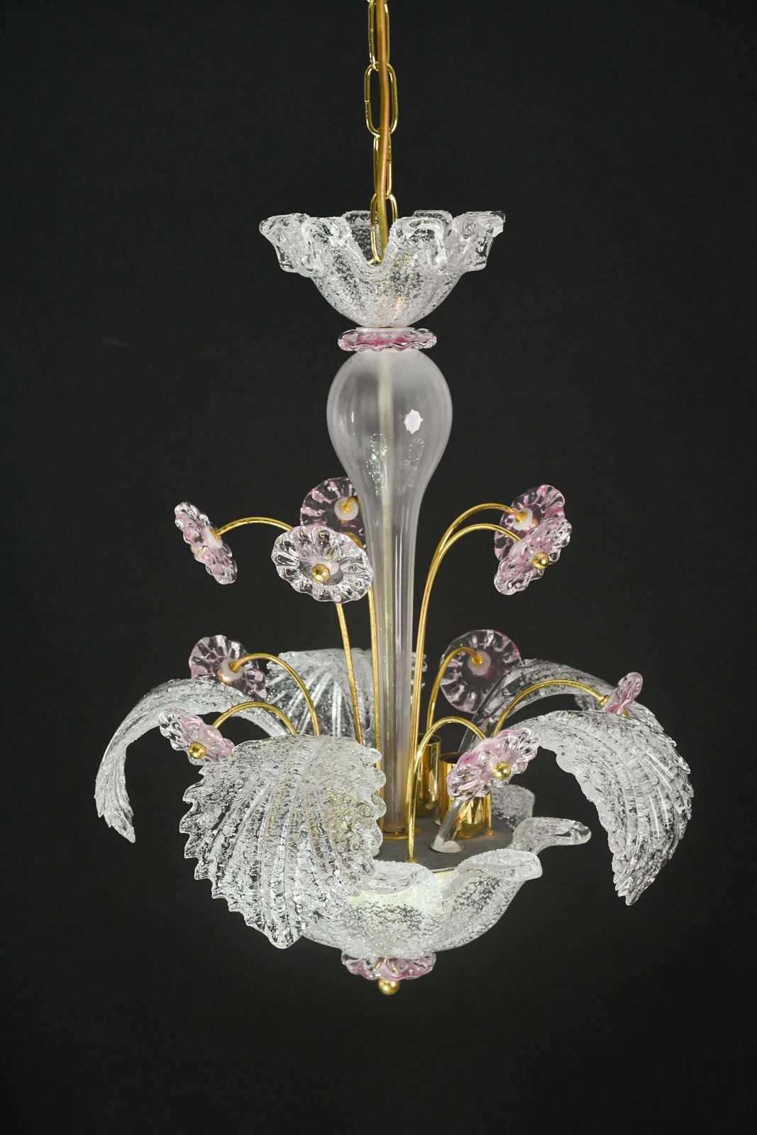 photo for sale Charming Vintage Venetian Chandelier, Pink Flower Murano Glass, 1970s