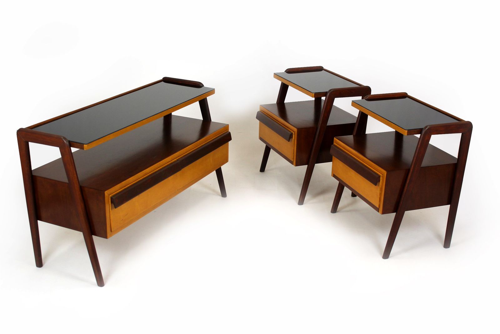 Czech Mid Century Jitona Mahogany Nightstands Bedroom Set, Fully Restored 1960s photo furniture