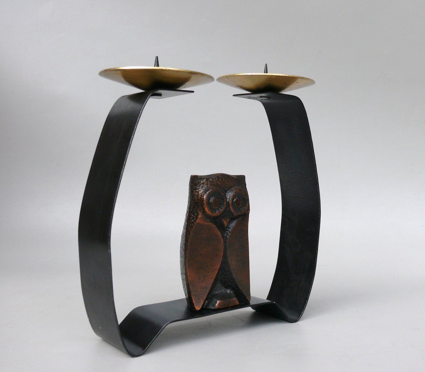 Arts And Crafts Wrought Iron, Brass & Copper Plated Owl Candleholder, 1890s photo for sale