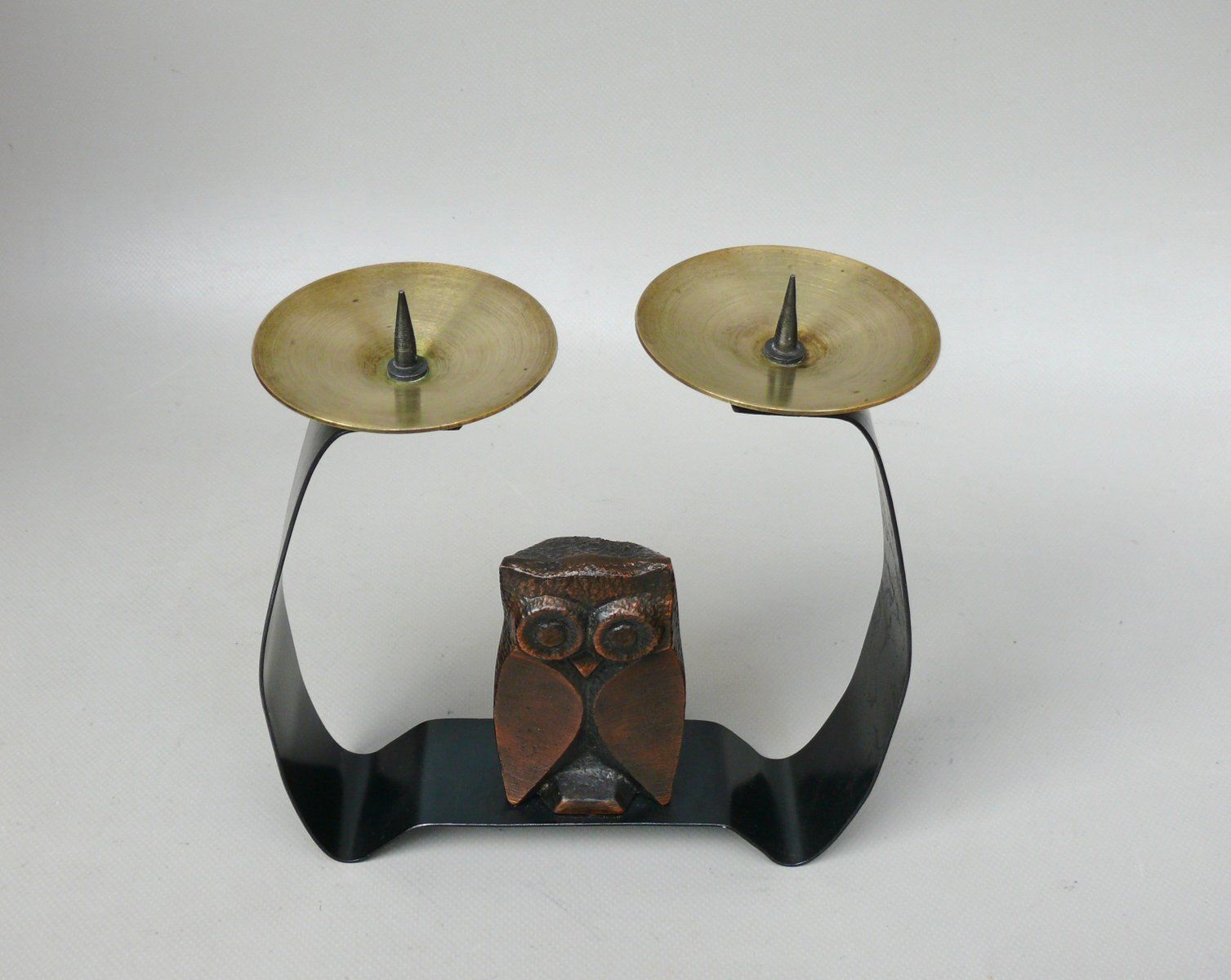 Arts And Crafts Wrought Iron, Brass & Copper Plated Owl Candleholder, 1890s photo vinterior