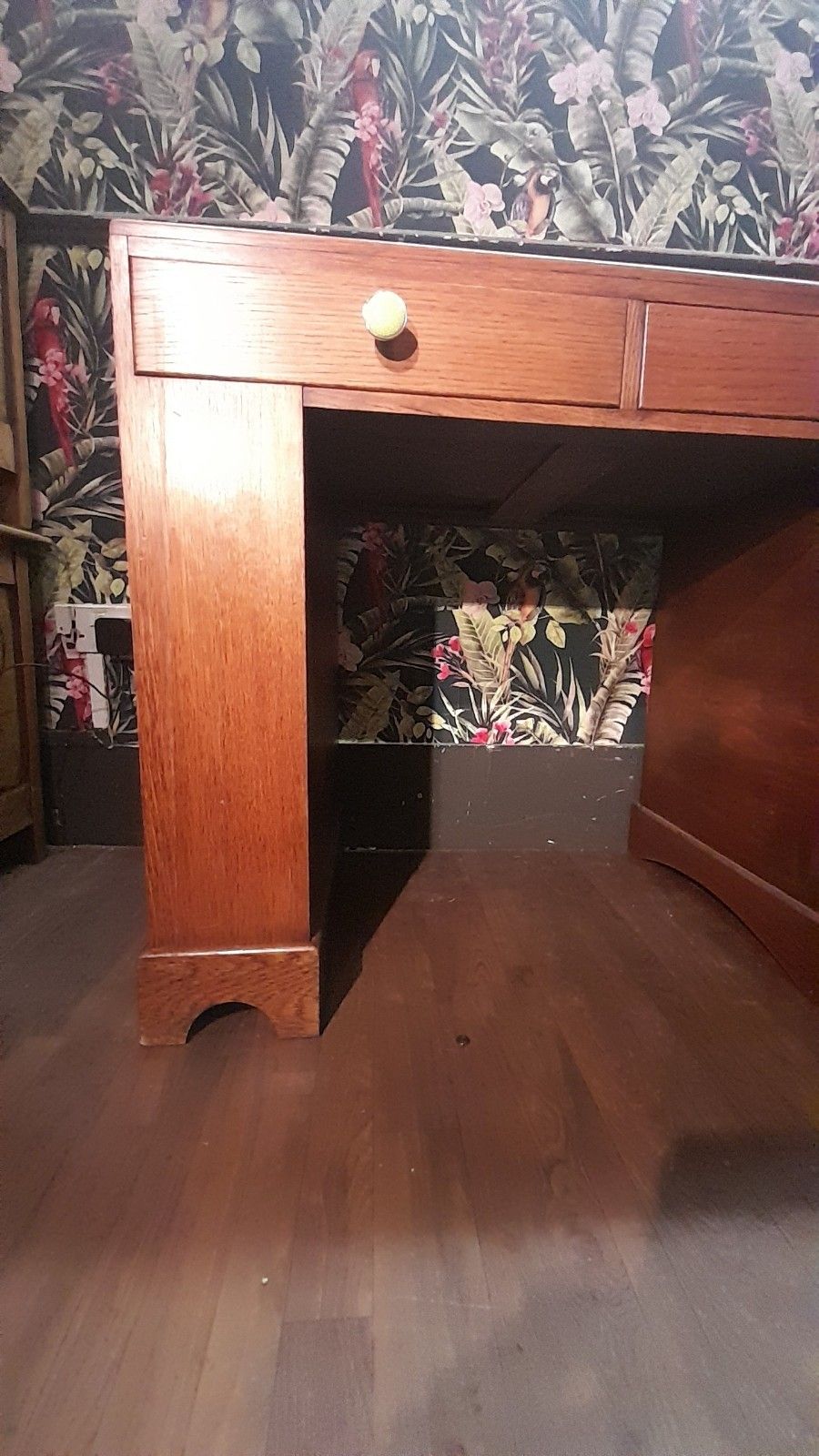 Art Deco Vintage Solid Light Oak Desk With Leather Top And Shelves photo Furniture