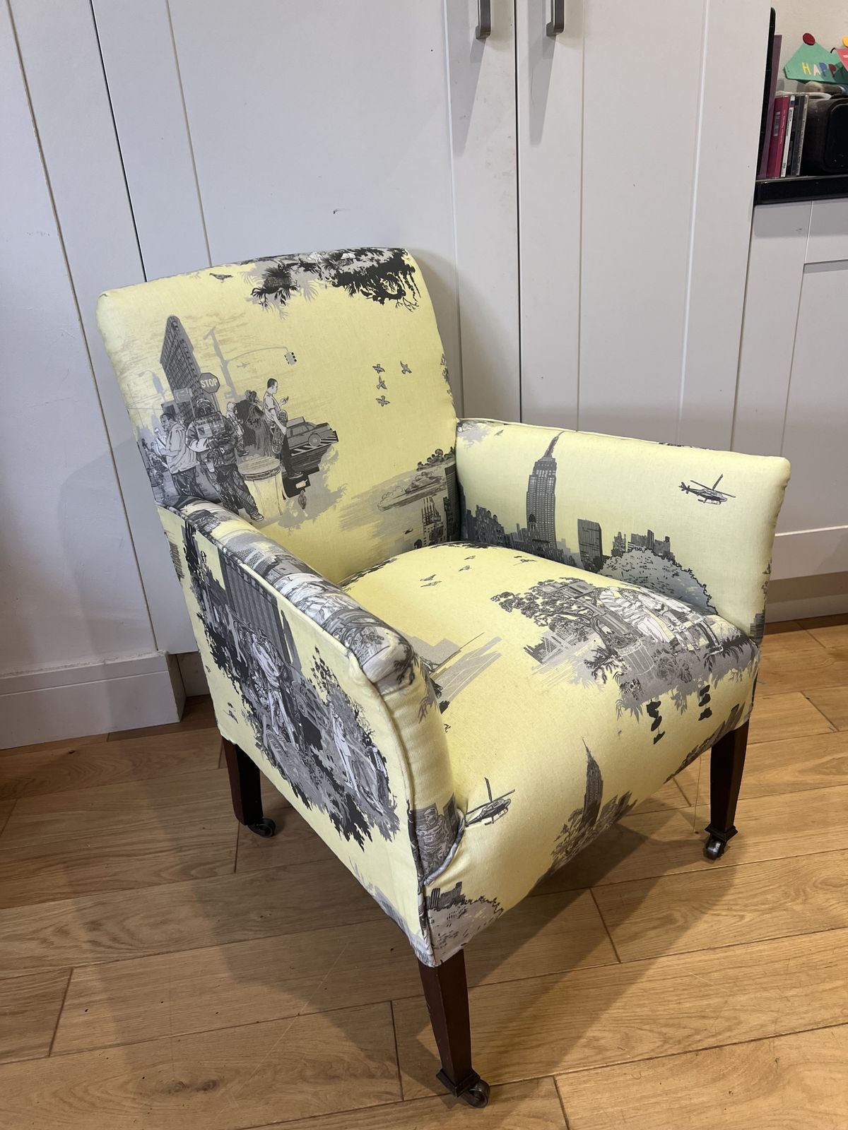 Edwardian Armchair Newly Reupholstered And Covered In Timorous Beasties New York Toile