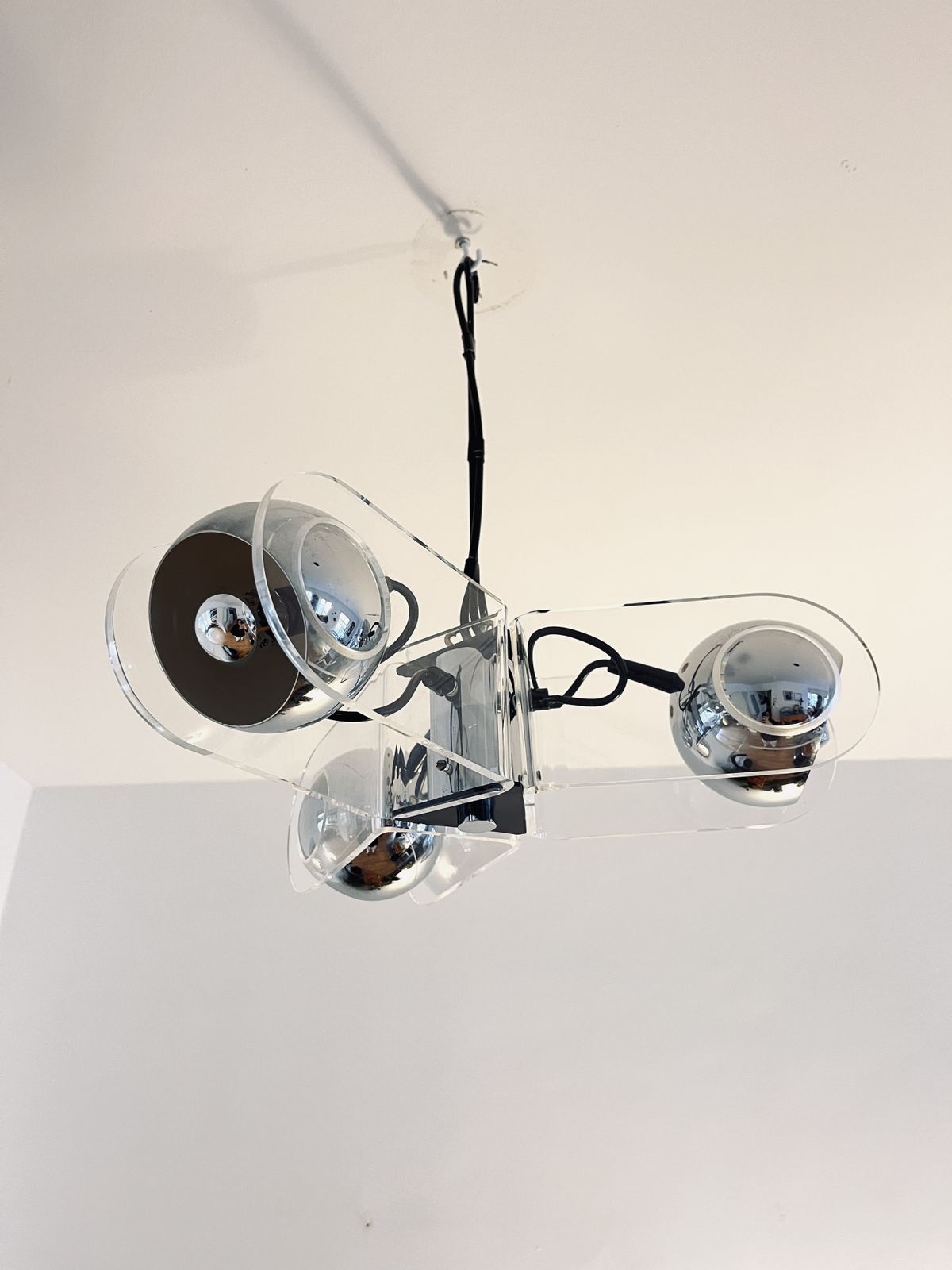 Vintage Chrome & Acrylic Pendant Lamp In The Style Of Gino Sarfatti, Space Age, Italy, 1970s