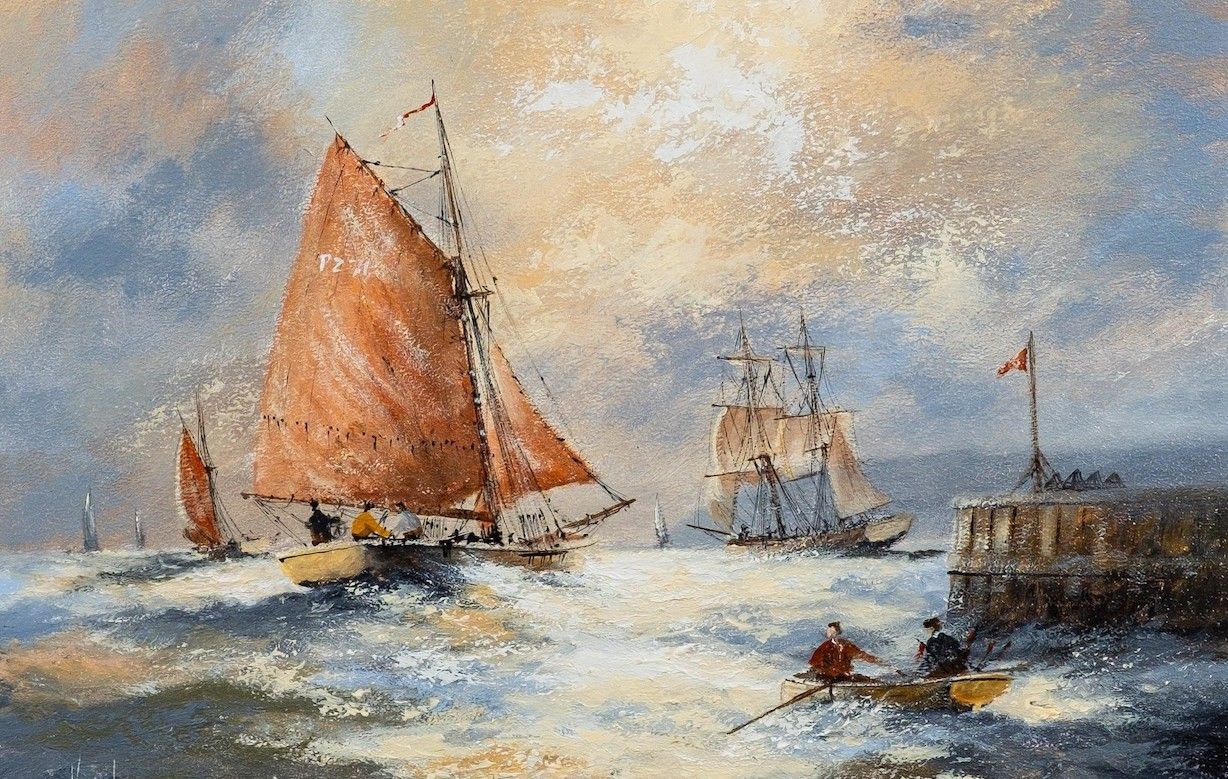 Sailing Off The Cornish Coast By Ken Hammond (B 1948) Seascape Oil Painting photo for sale